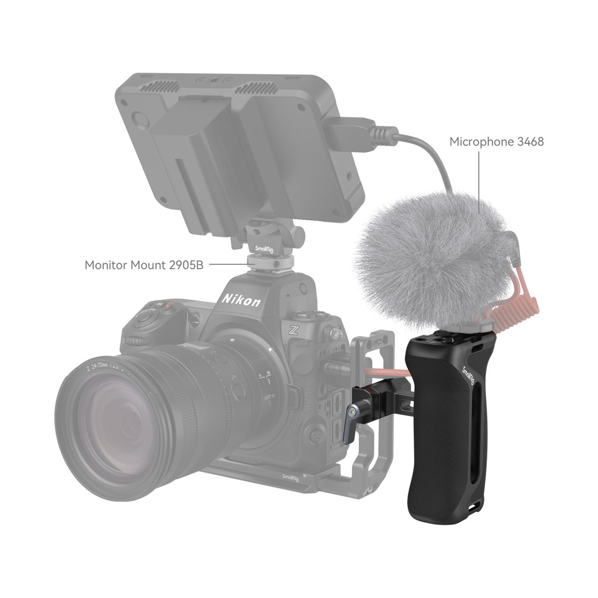 SmallRig 4416 Arca-Typ Seitenhandgriff - Anwendungsbeispiel: SmallRig Kamera-Rig mit Monitorhalterung, Mikrofon und Seitengriff.