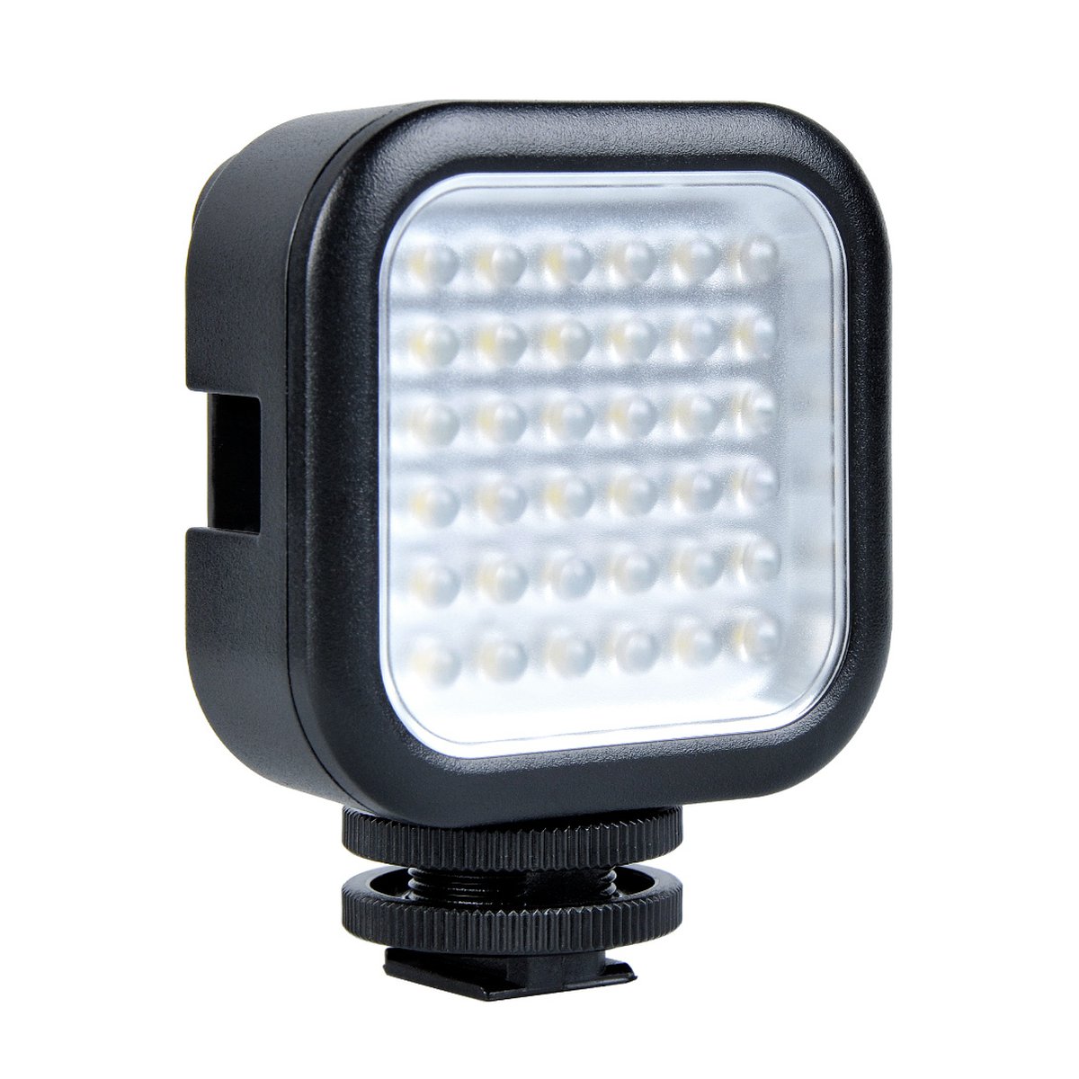 Godox LED 36 - Frontansicht einer kompakten schwarzen LED-Videoleuchte mit Leuchtfeld und Blitzschuh