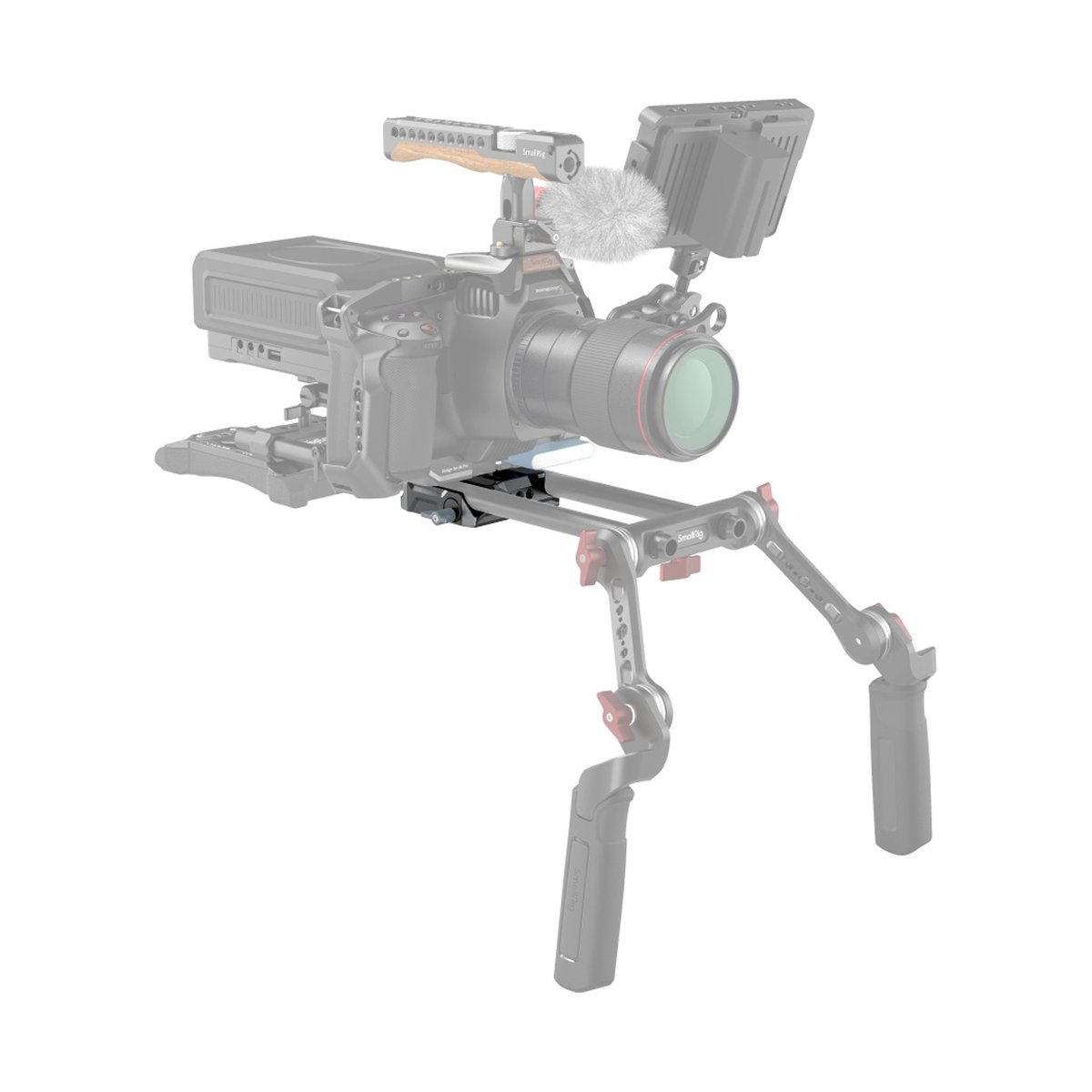 SmallRig 3357 Universal LWS Basisplatte mit doppelter 15 mm Stangenklemme - Anwendungsbeispiel: Kamera-Schulter-Rig mit montierter Kamera und Griffen