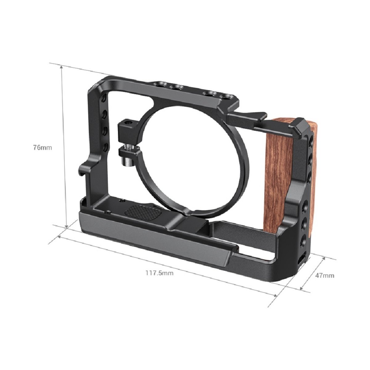 SmallRig 2434 Cage für Sony RX100 VI/VII - Perspektivische Ansicht des Kamera-Cages mit Holzgriff und Abmessungen.