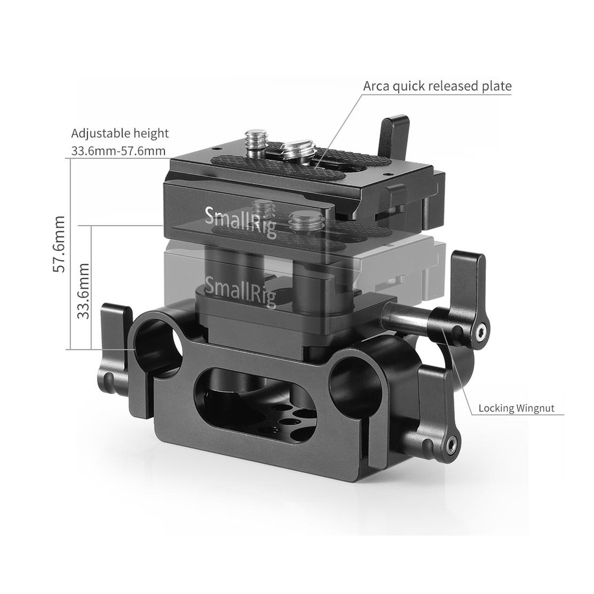 SmallRig 2272B Universale Bodenplatte 15 mm Rod Support-System - Detailansicht der SmallRig Klemmhalterung: Höhenverstellung mit Maßen, Arca-Platte und Bauteilbeschriftungen.
