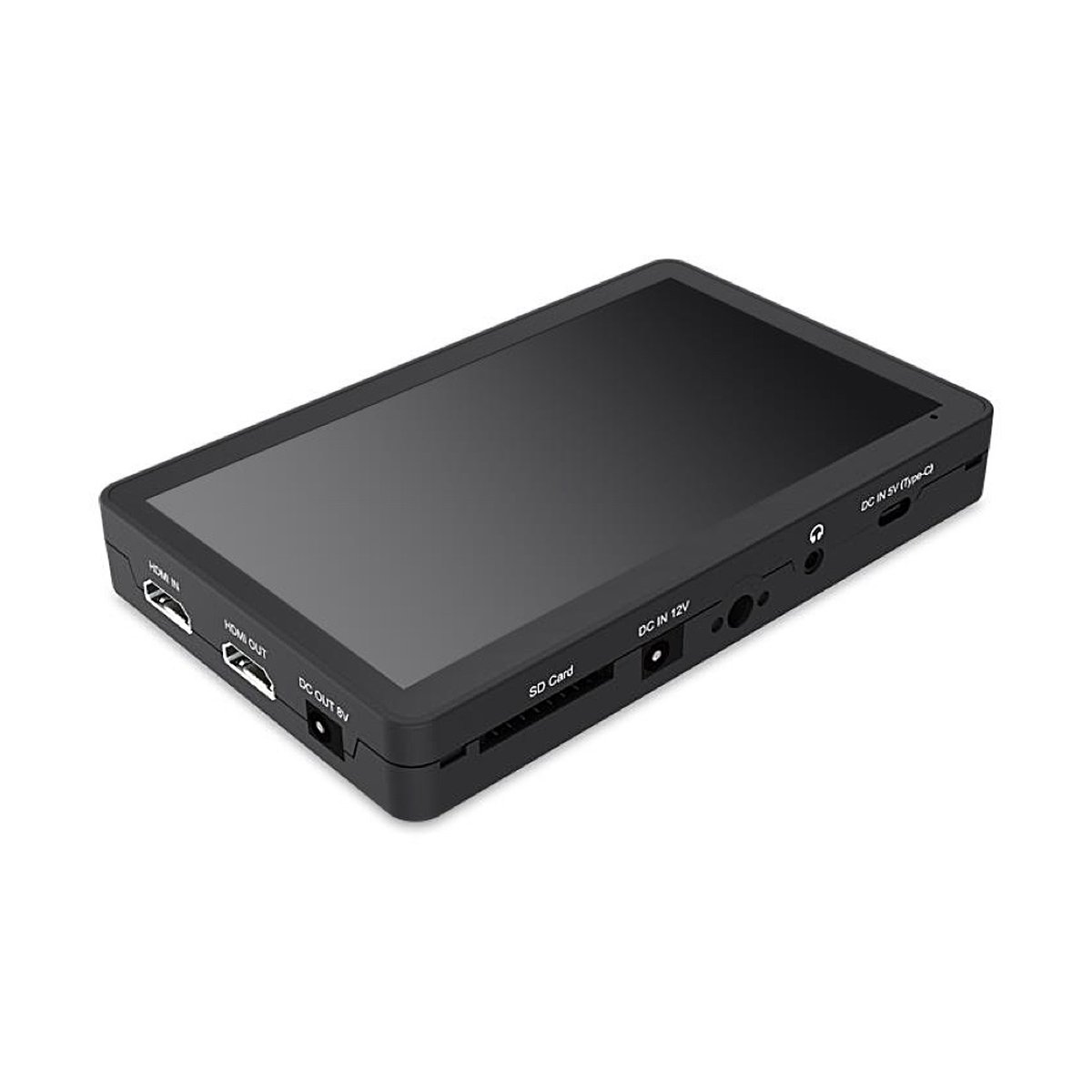 Feelworld 6" 4K F6 Plus V2 HDMI Touch Screen monitor with LUT's - Angewinkelte Ansicht eines schwarzen Monitors, der den Bildschirm und die Seiten mit HDMI-, SD- und DC-Anschlüssen zeigt. Feelworld 6" 4K F6 Plus V2 HDMI Touch Screen monitor with LUT's - Angewinkelte Ansicht eines schwarzen Monitors, der den Bildschirm und die Seiten mit HDMI-, SD- und DC-Anschlüssen zeigt.