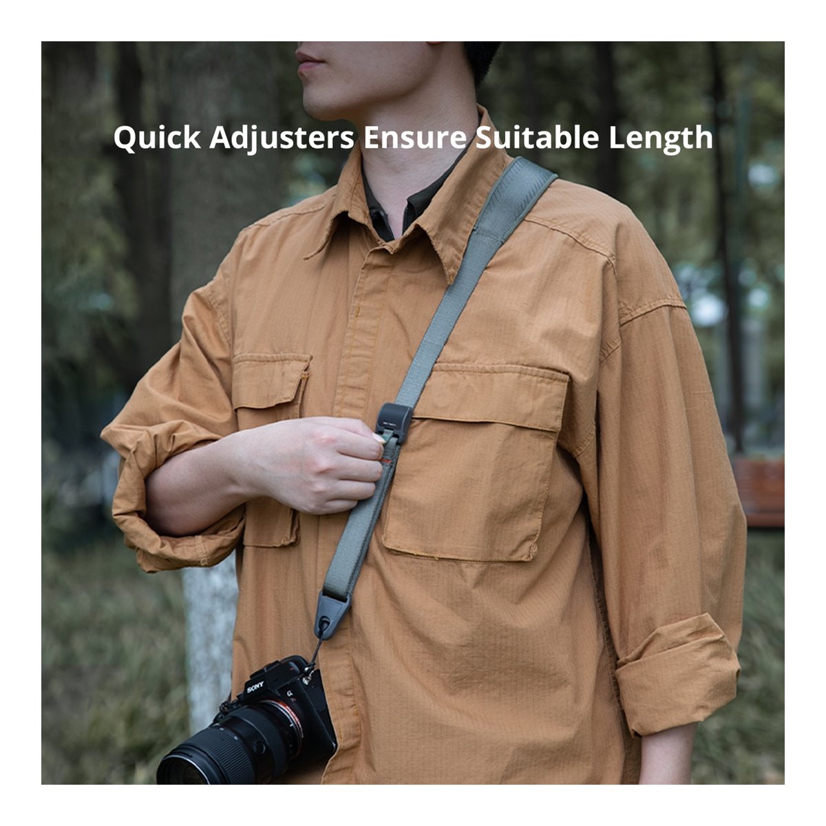 PGYTECH Camera Shoulder Strap(Dark Blue) - Anwendungsbeispiel: Kamera-Tragegurt mit Schnellversteller an einer Person.