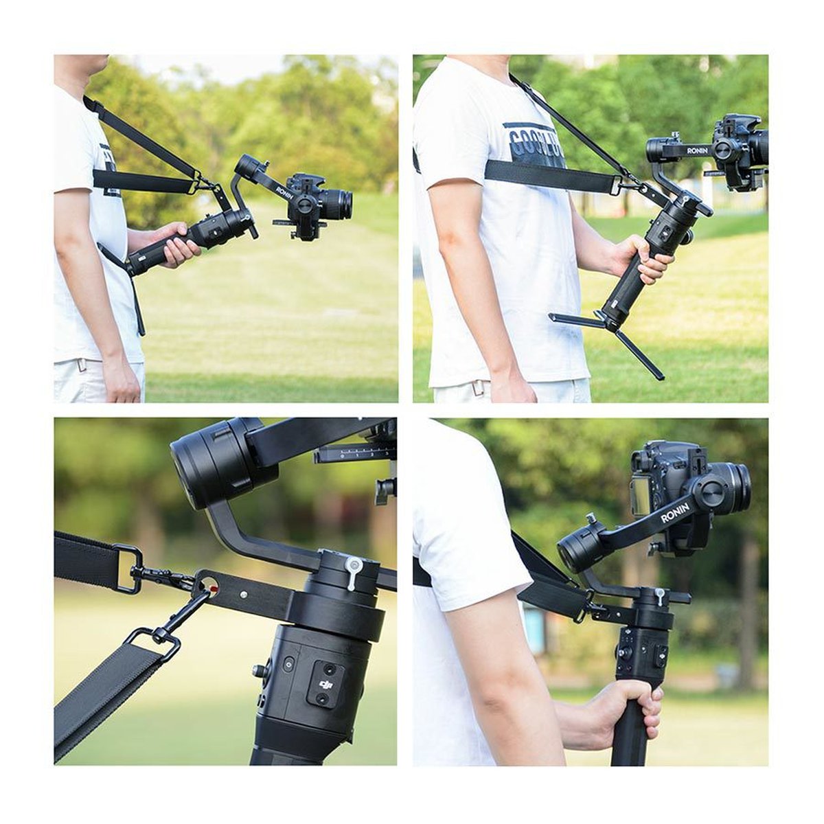 Caruba Gewichtsentlastungsriemen + Gimbal-Klemme für Ronin S - Anwendungsbeispiel: Kamera-Gimbal mit Schultergurt und integriertem Stativ für stabile Aufnahmen.