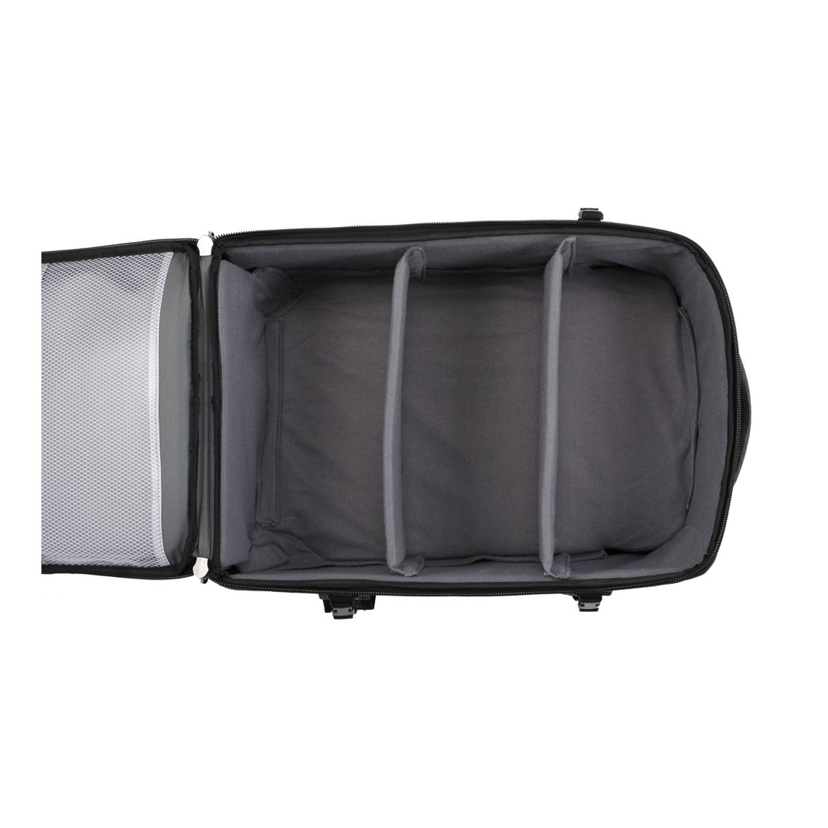 Godox (CB-17) Rolltasche AD1200 Pro - Innenansicht geöffnete Tasche von oben mit 3 gepolsterten Fächern und Netzfach im Deckel