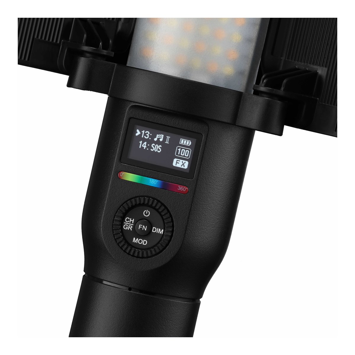 Godox LED LC500R RGB-Lichtschlauch - Detailansicht des Displays und der Bedienelemente eines LED-Lichts, zeigt Status, Farbskala und Einstellknöpfe.