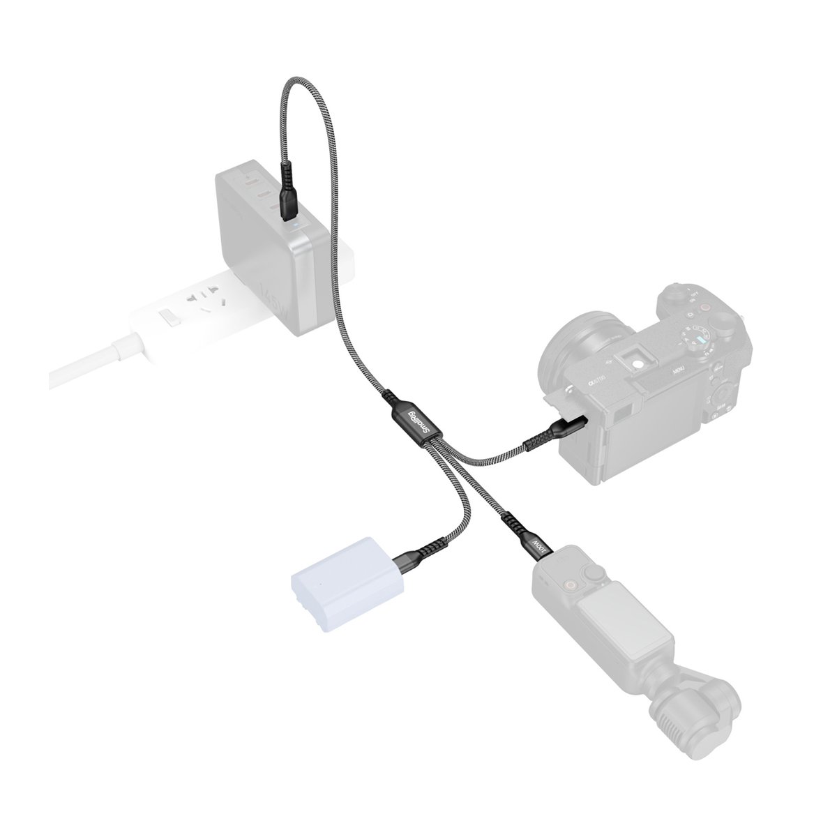 SmallRig 5079 3-in 1 USB-Stromkabel 1,20 m - Anwendungsbeispiel: Splitterkabel zur gleichzeitigen Stromversorgung von Kamera, Gimbal und Batterie.