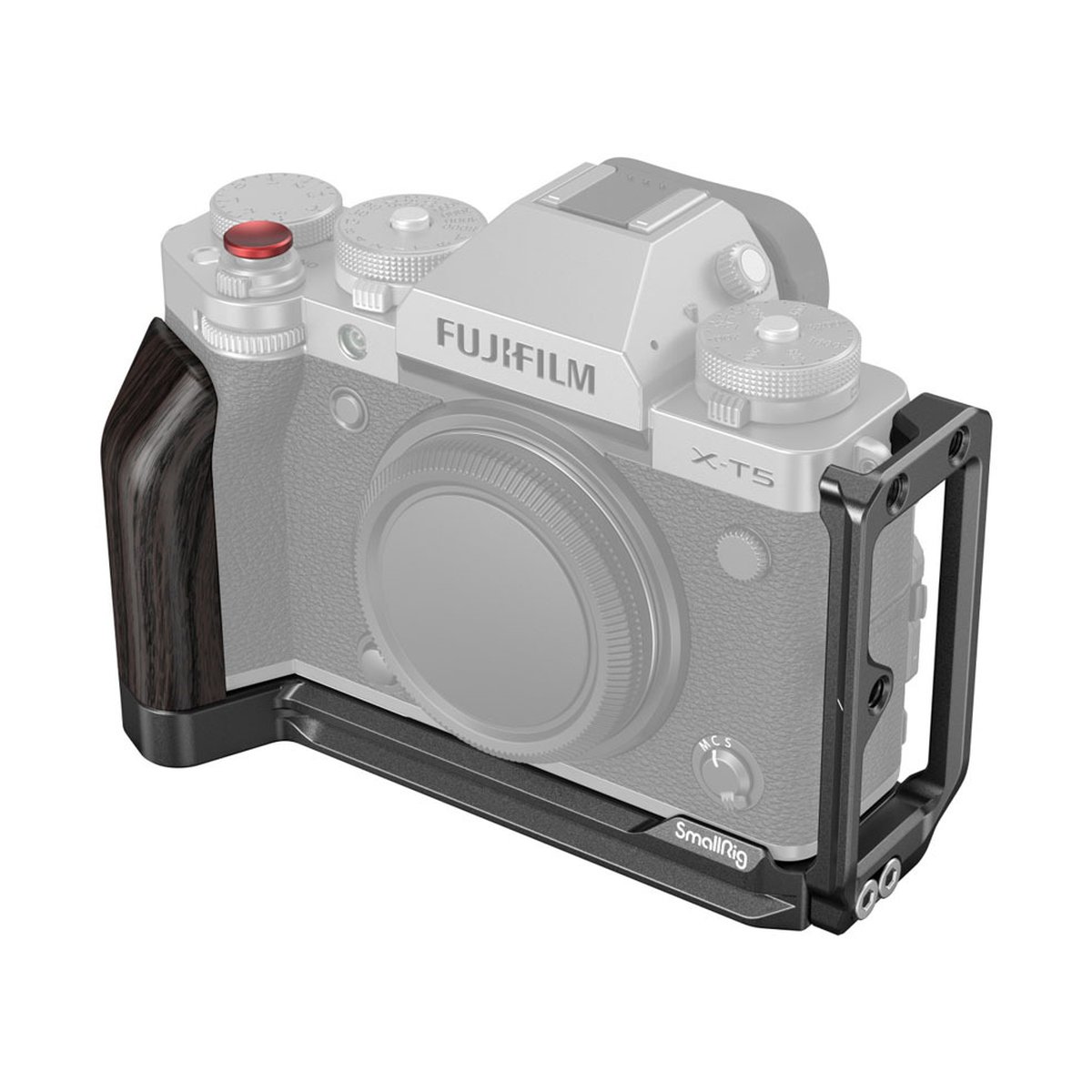 SmallRig 4137 L-Bracket f. Fujifilm X-T5 - Anwendungsbeispiel: SmallRig L-Winkelhalterung mit Holzgriff und Käfig an Fujifilm X-T5 Kamera