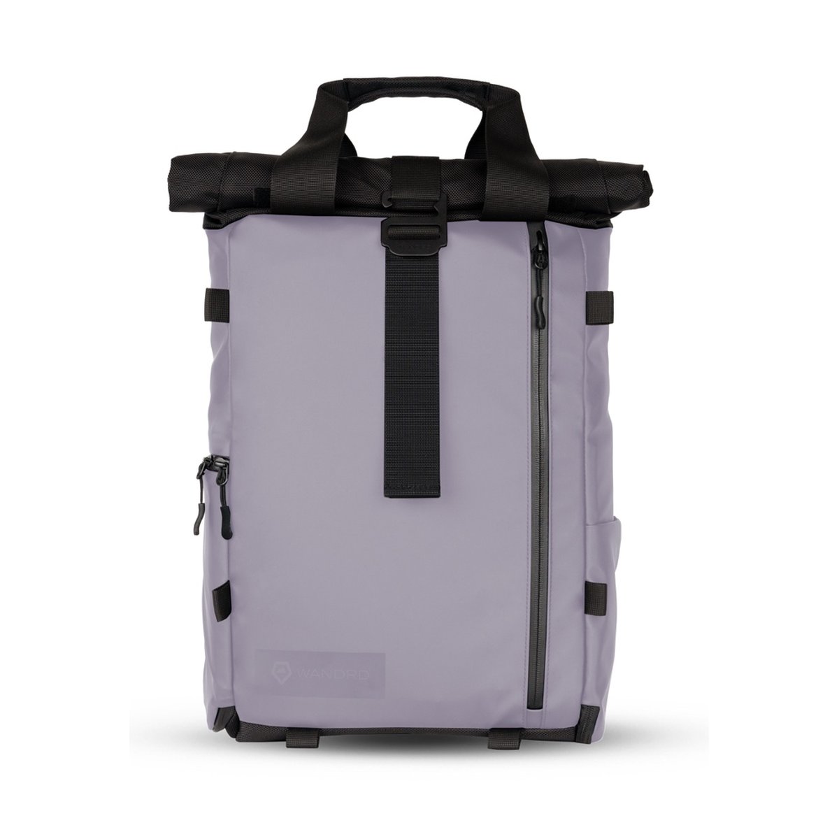 WANDRD PRVKE Lite 11-Liter Uyuni Purple - Vorderansicht des hellvioletten Rolltop-Rucksacks mit schwarzen Tragegriffen und Reißverschluss-Details.