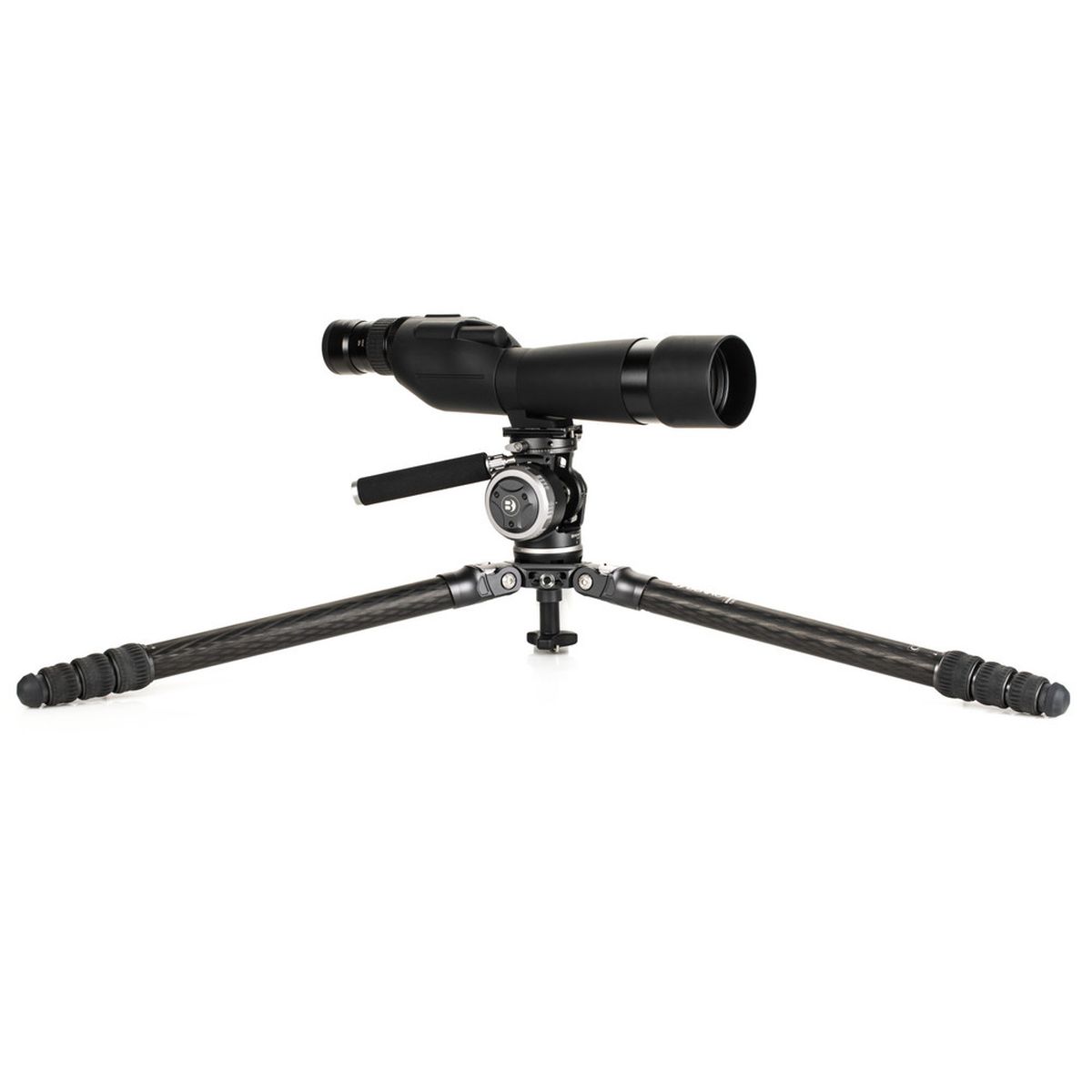 Benro Mammoth TMTH44C CF-Stativ mit WH15 Wildlife-Kopf Anwendungsbeispiel mit Kamera mit flach auf dem Boden gespreizten Stativbeinen