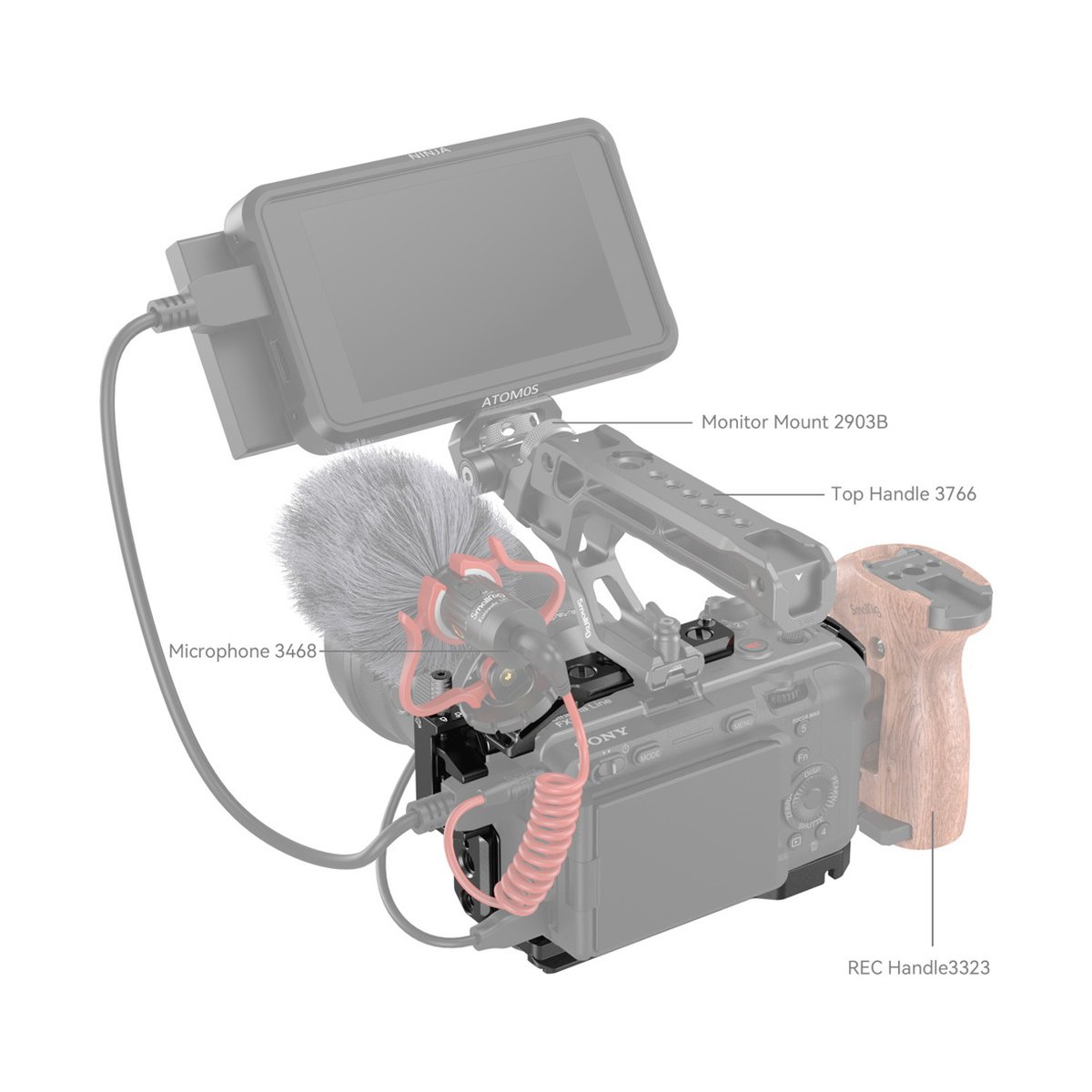 SmallRig 4183 Cage für Sony FX30/FX3 - Komponentenübersicht: Kamera-Rig mit beschriftetem Monitor, Mikrofon und Griffen.