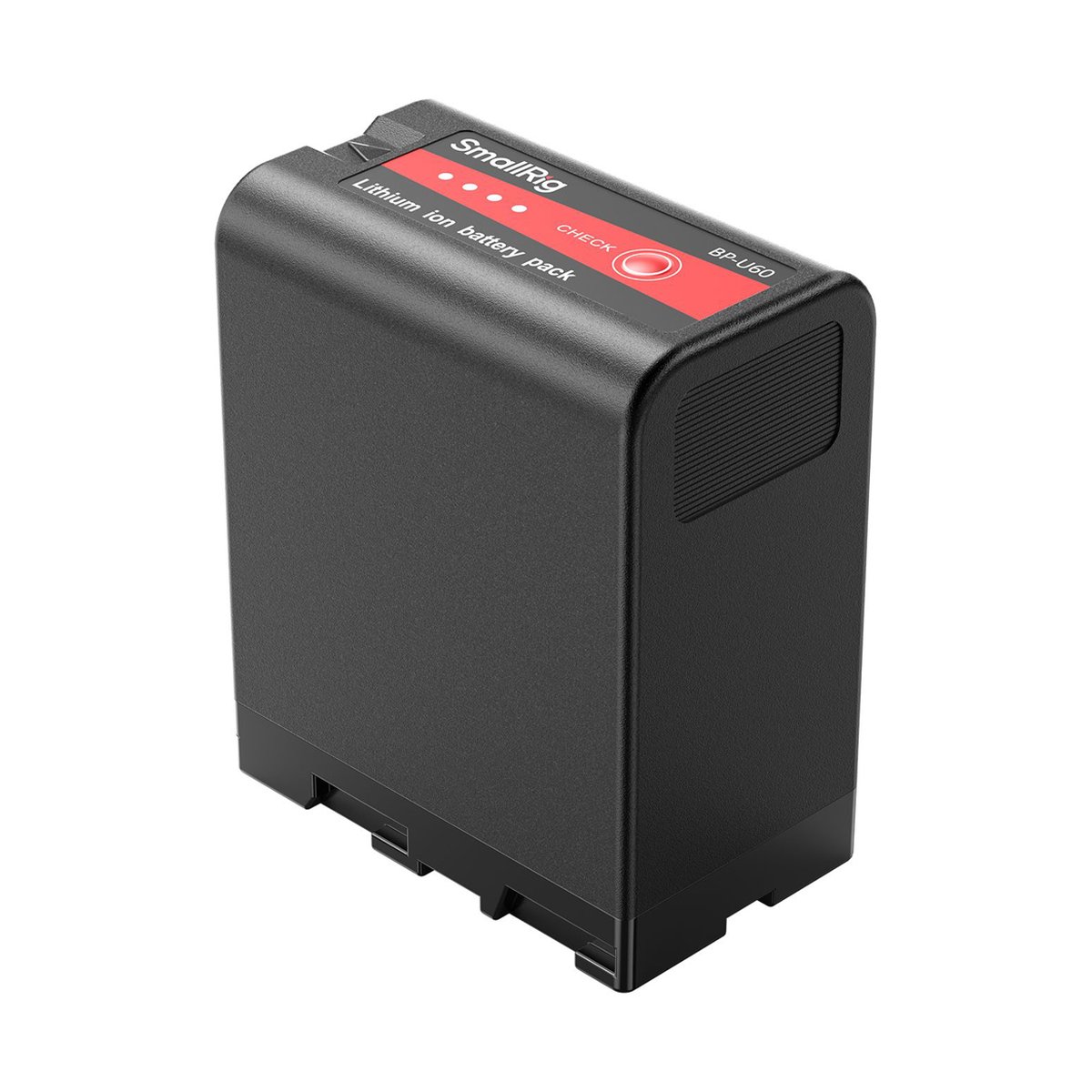 SmallRig 4670 BP-U60 Camcorder Akku - Schrägansicht des SmallRig BP-U60 Lithium-Ionen-Akkus mit Logo und Ladeanzeige.