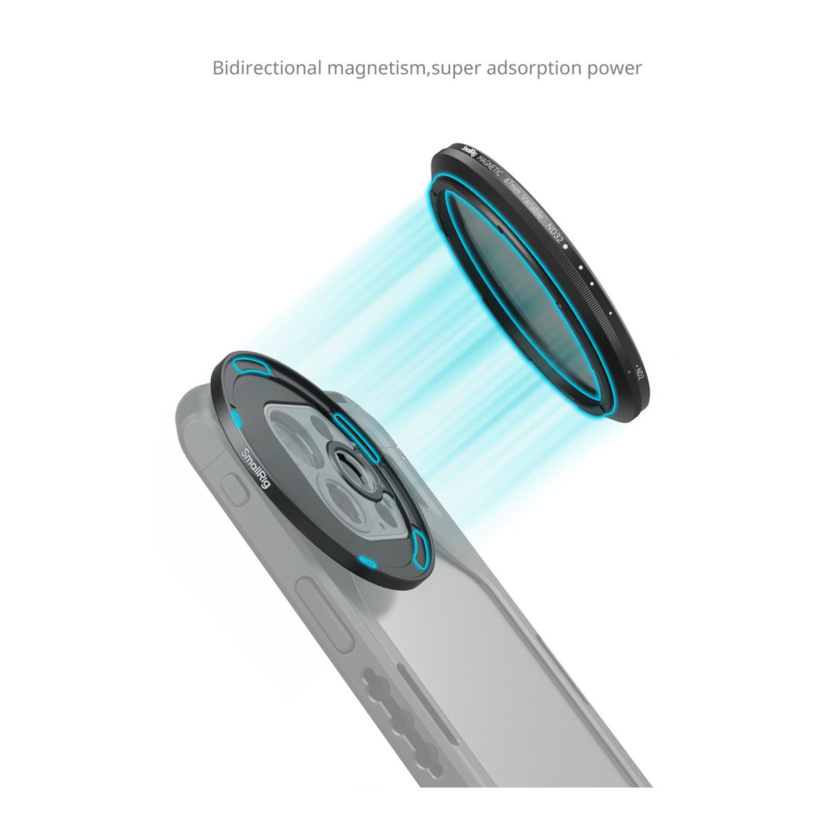 SmallRig 4725 Attachable VND Filter Kit ND2-ND32 (1-5 St) + T-Mount Adapter 67 mm - Anwendungsbeispiel: Objektivfilter mit starkem Magnetismus wird am Smartphone befestigt.