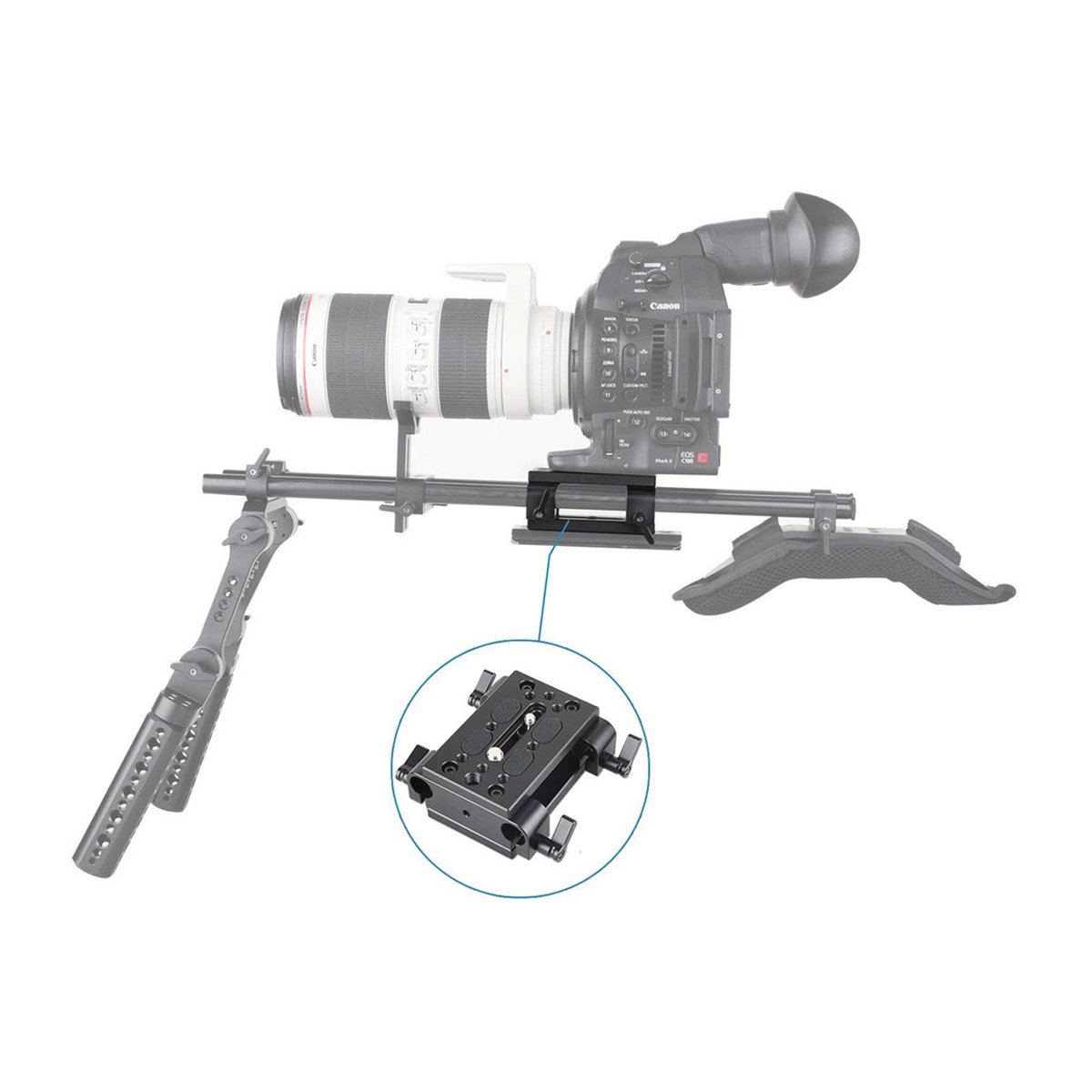 SmallRig 1798 Basisplatte m. 15mm Doppelklemme für schwere Kamera-Rigs - Anwendungsbeispiel eines Kamera-Rigs mit Detailansicht der Schnellwechselplatte SmallRig 1798 Basisplatte m. 15mm Doppelklemme für schwere Kamera-Rigs - Anwendungsbeispiel eines Kamera-Rigs mit Detailansicht der Schnellwechselplatte