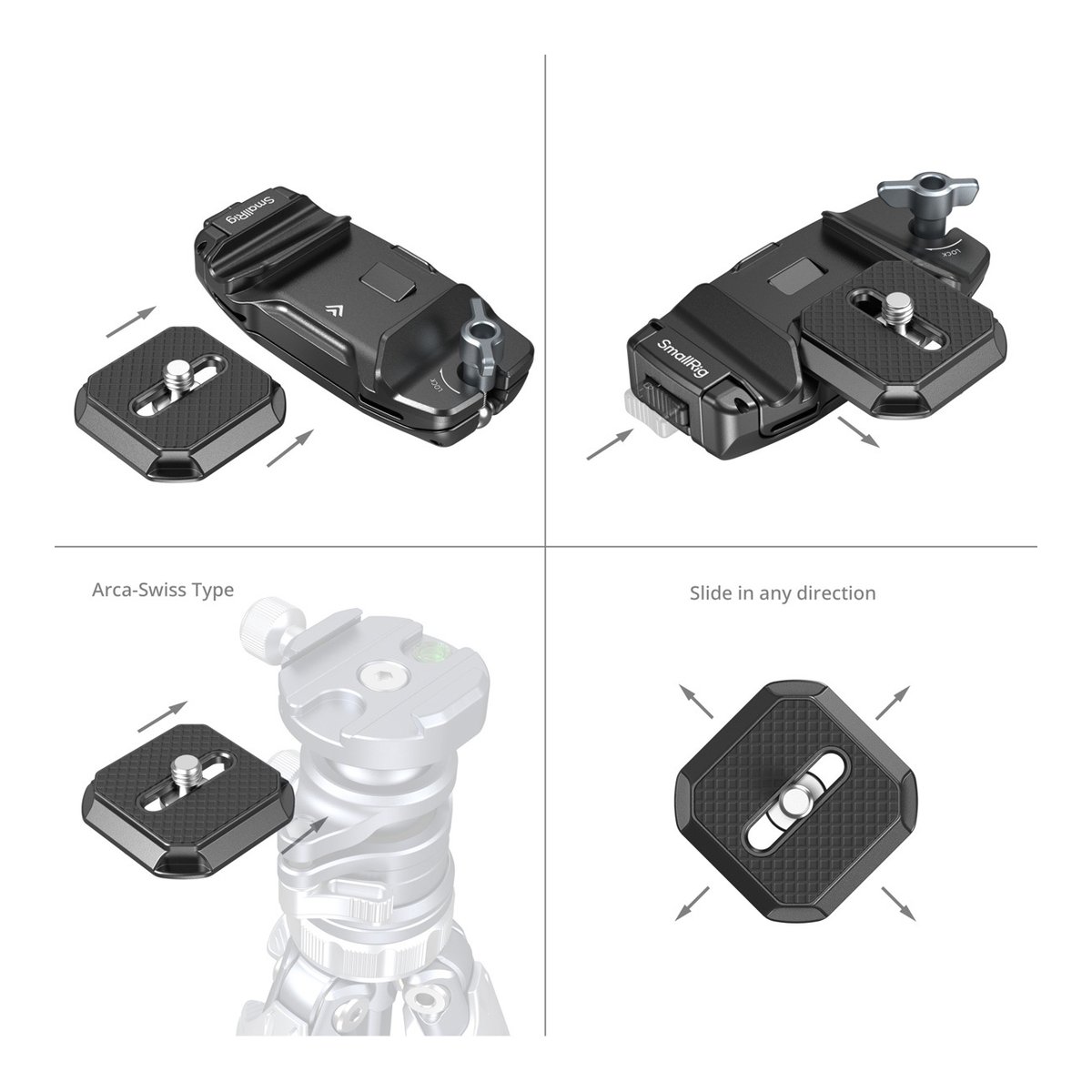 SmallRig 5053 Camera Clip mit QR Mount Plate Kit - Anwendungsbeispiel des SmallRig Schnellwechselplattensystems: Arca-Swiss kompatibel, herausnehmbar und mit Gleitfunktion