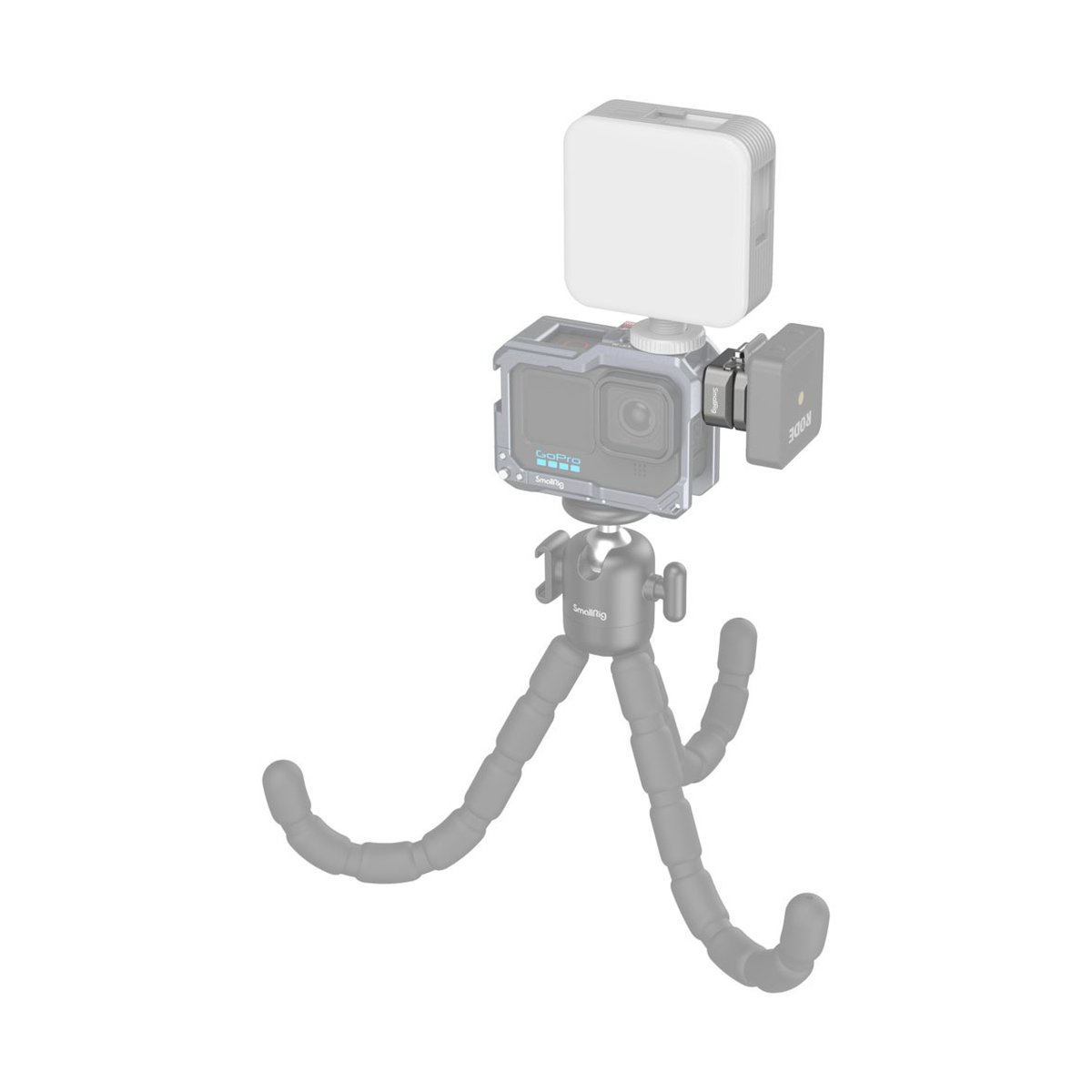 SmallRig 4500 HawkLock H18 QR Support mit Cold Shoe - Frontansicht: Kamerasetup mit GoPro, LED-Licht, Mikrofon auf flexiblem Stativ.