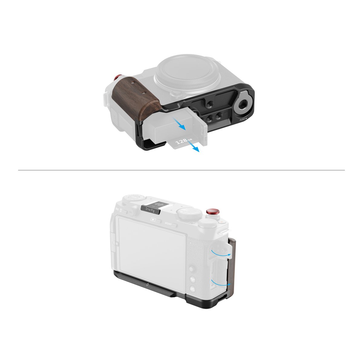 SmallRig 5260 L-förmige Montageplatte mit Holzgriff, schwarz, für FUJIFILM X-M5 - Detailansicht Kameracage: Uneingeschränkter Zugriff auf SD-Karte & Seitenanschlüsse; Display bleibt schwenkbar.