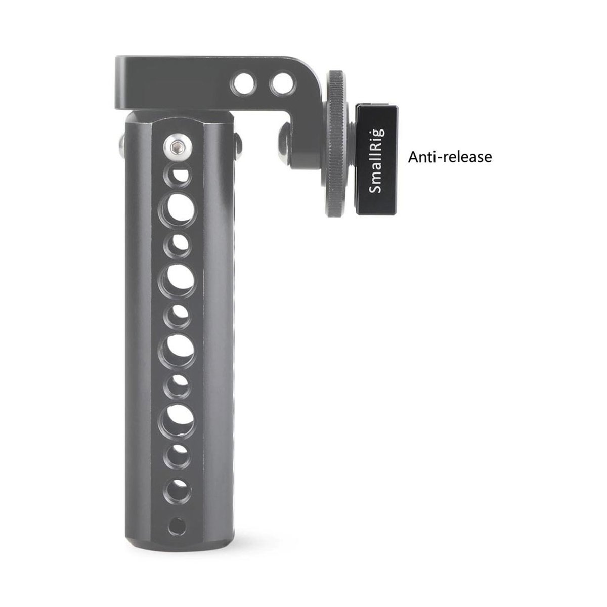 SmallRig 2060 Cold Shoe 2er Blitzschuh- Adapter-Set - Seitenansicht des schwarzen SmallRig Kamera-Griffs mit Anti-Release-Klemmmechanismus
