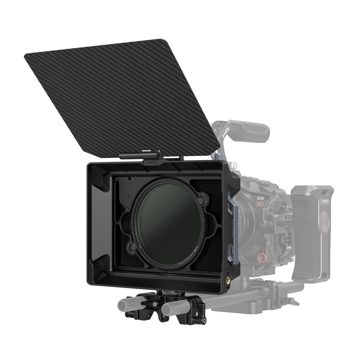 SmallRig 3645 modulare Matte Box (multifunktional, Ø 95 mm) VND Kit - Anwendungsbeispiel: Matte Box mit Filter und Top Flag an Kamera.