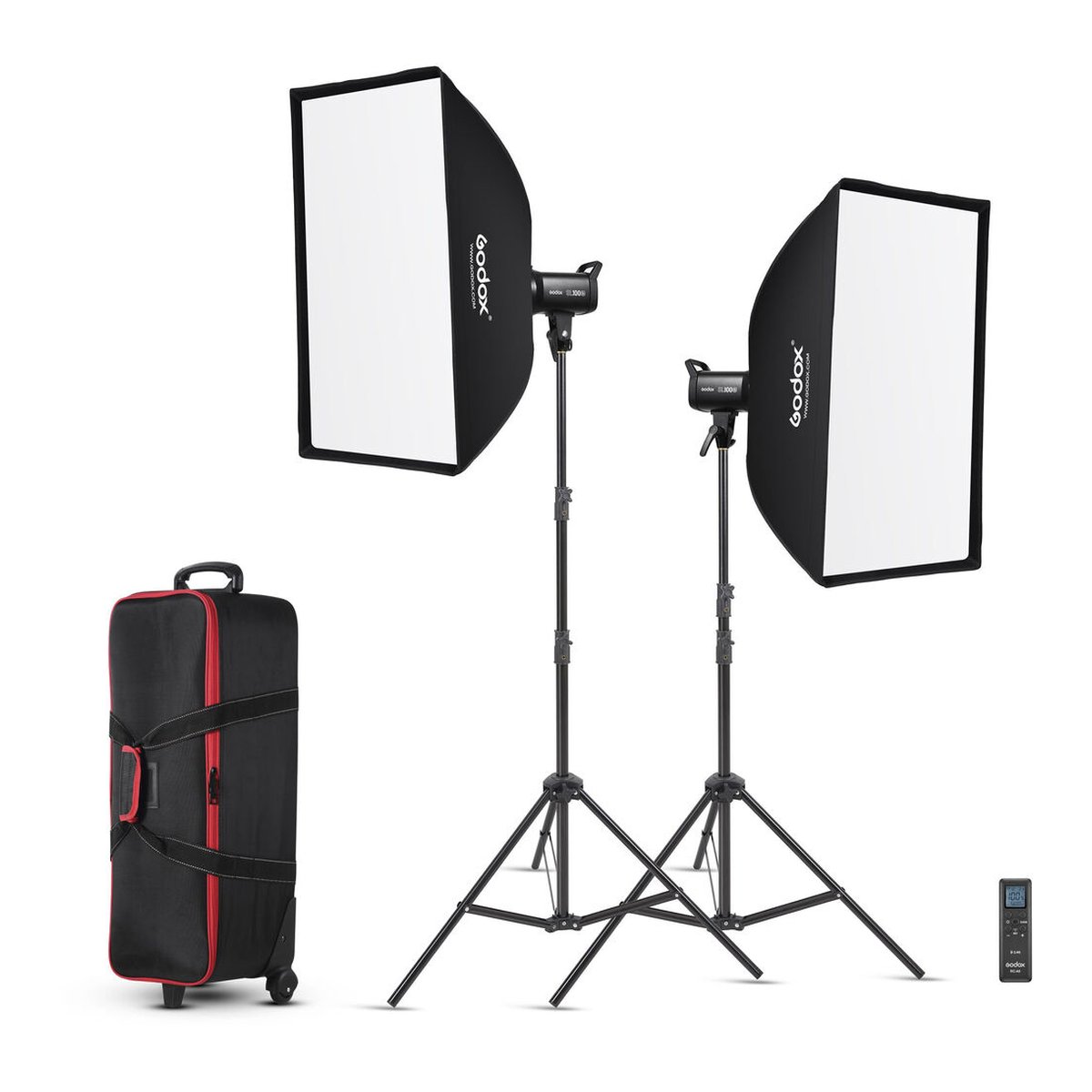 Godox SL100Bi LED-Videoleuchte Two Light Kit - Lieferumfang: Zwei Godox Studioleuchten mit Softboxen auf Stativen, Rollentasche und Fernbedienung.