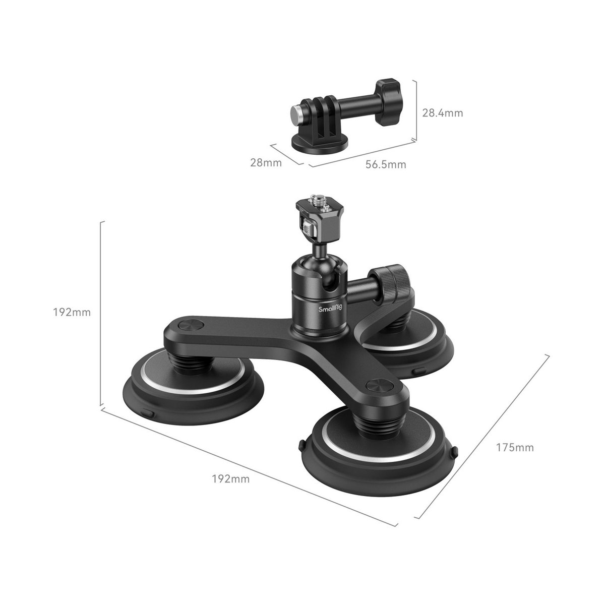 SmallRig 4468 Dreifach Magnetische Saugnapfhalterung für Action-Kameras - Perspektivansicht der Saugnapf-Halterung mit Kugelgelenk und angezeigten Maßen.