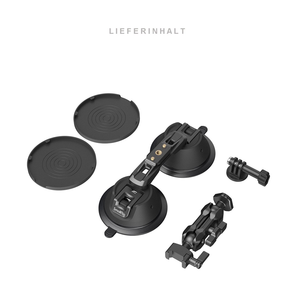 SmallRig 3566 SC-2K Portable Doppel-Saugnapf-Kamerahalterung - Lieferumfang: Saugfuß-Halterung, Montageplatten, Adapter und Gelenkarm.