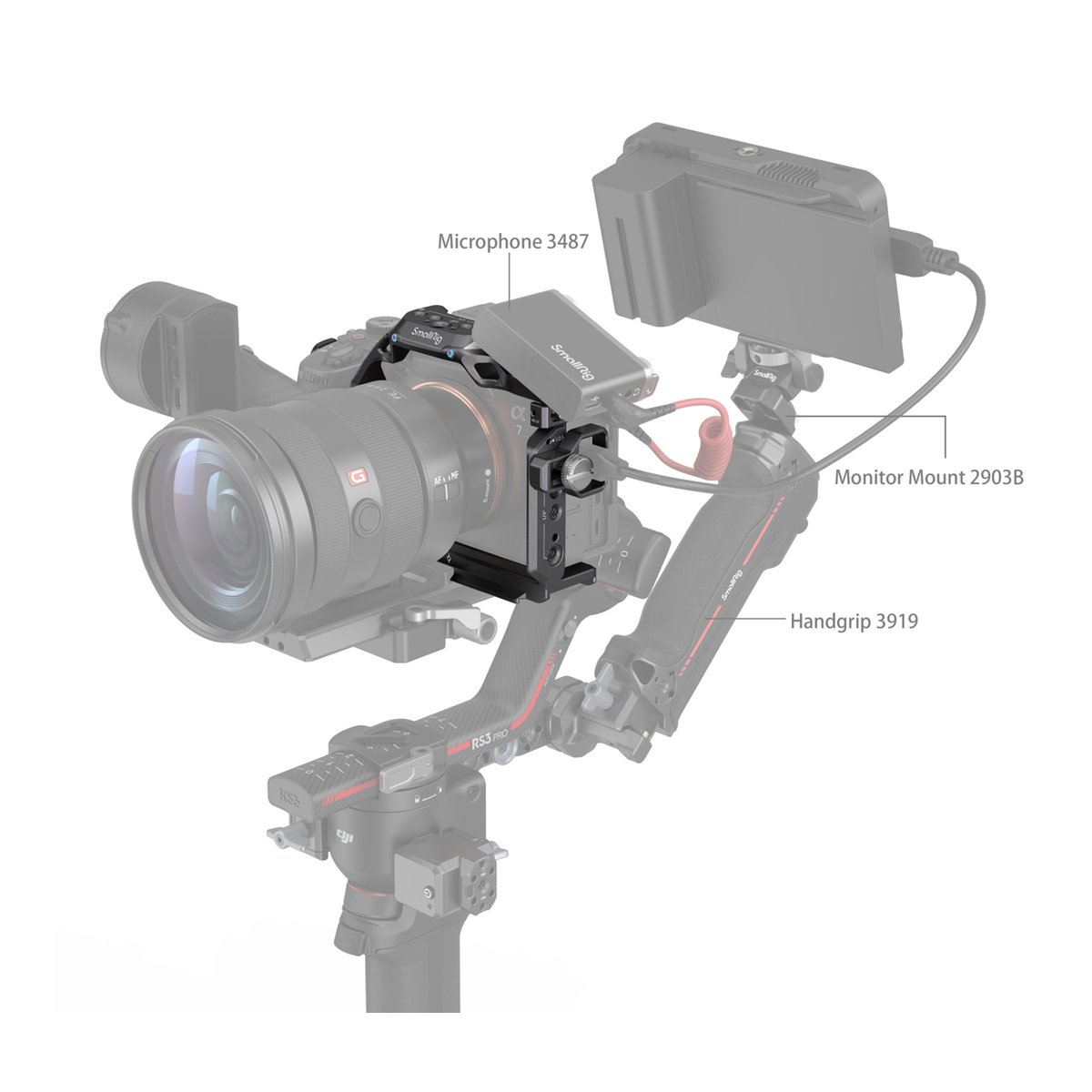SmallRig 3710 Rhinoceros Advanced Cage Kit für Sony Alpha 7R V/IV/7S III - Anwendungsbeispiel: Kamera-Setup mit montiertem SmallRig Zubehör wie Mikrofon, Monitorhalterung, Handgriff.