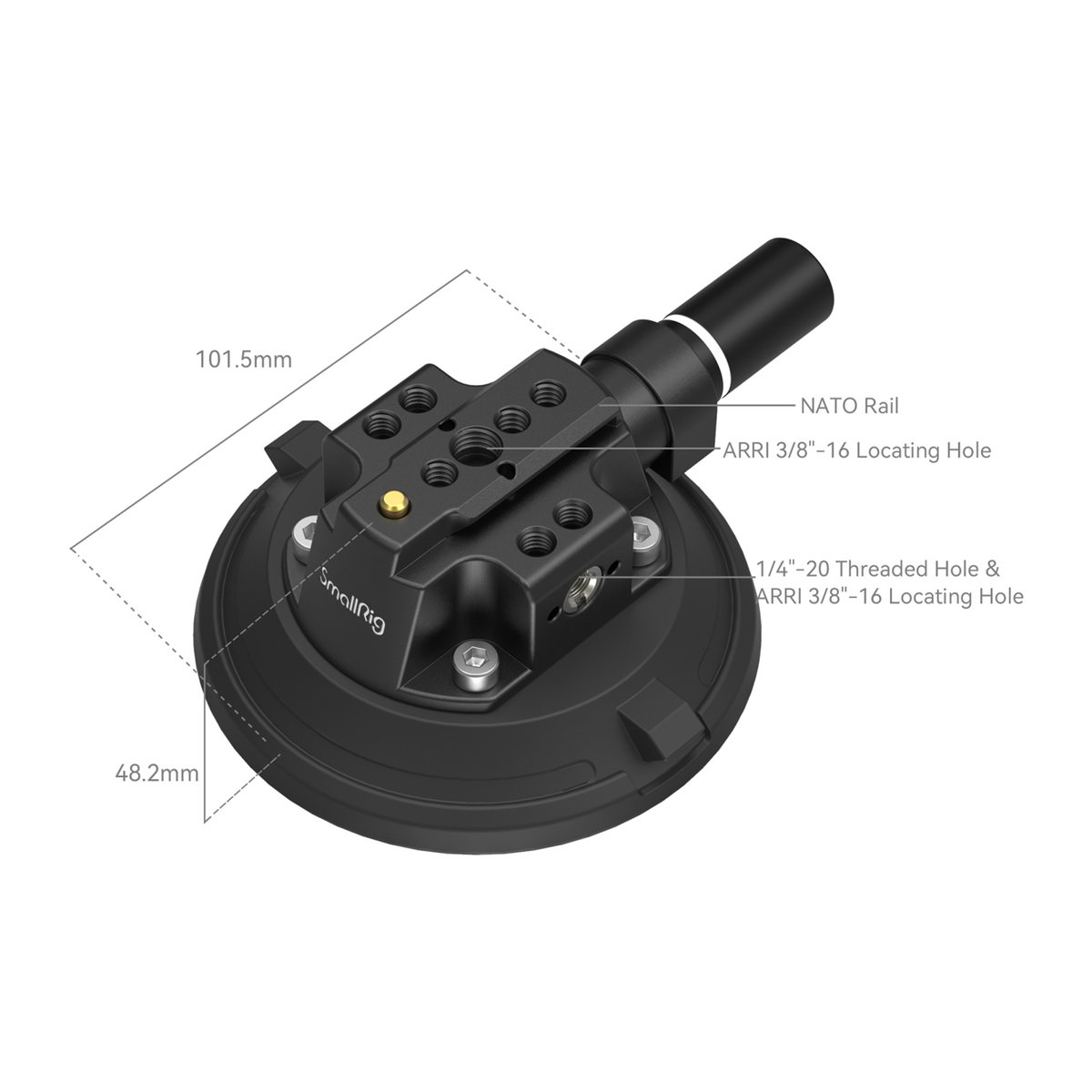 SmallRig 4122B 4" Saugnapf- Kamerahalterung - Technische Detailansicht mit Maßen und Beschriftungen der Anschlüsse wie NATO Rail und ARRI Locating Holes.