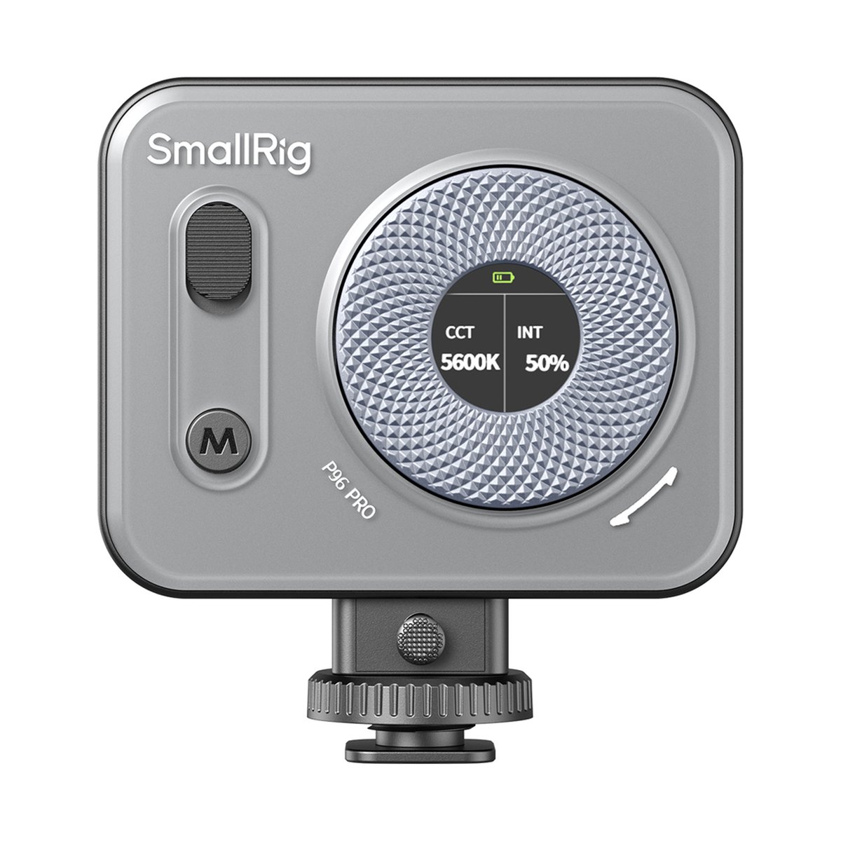SmallRig 4660 Vibe P96 Pro Mini schwarz LED-Videolicht - Frontansicht der SmallRig P96 Pro LED-Videoleuchte, Display zeigt 5600K und 50% Intensität