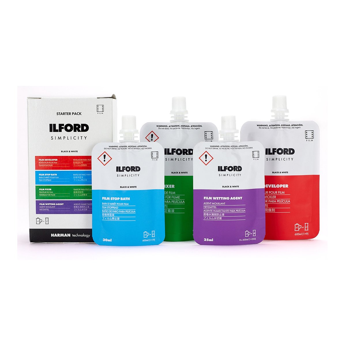 Ilford Simplicity Starter Kit Fotochemie zur SW-Filmentwicklung (2xKB oder 1xRF) - LIEFERUMFANG: Ilford Simplicity Starter Pack Box und vier Chemiebeutel.