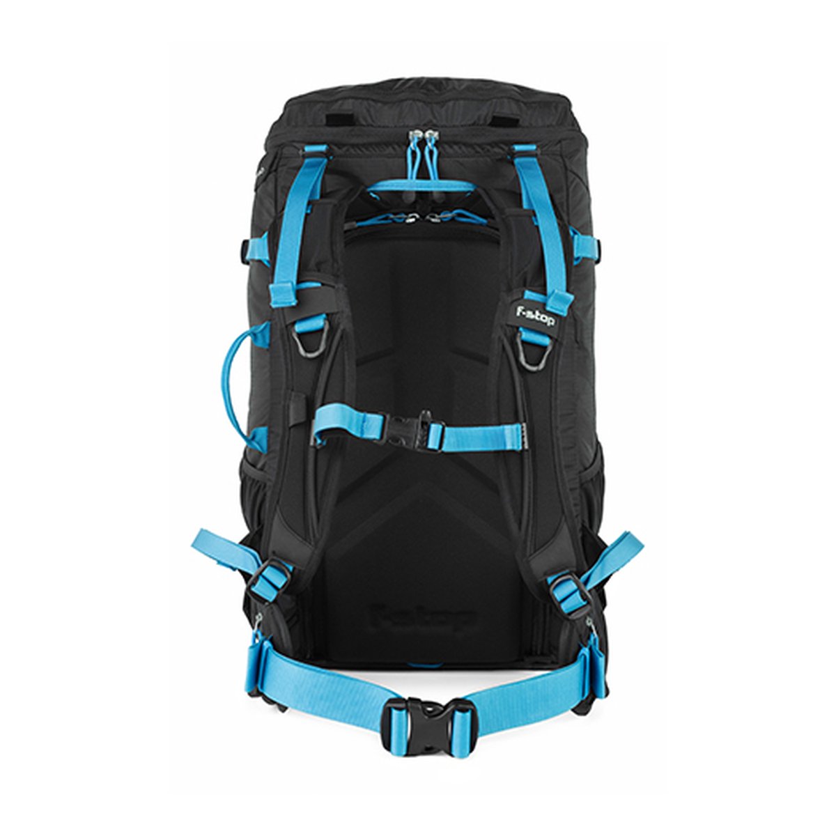 F-Stop Kashmir UL Black / Malibu Blue - Rückansicht des schwarzen Rucksacks mit blauen Gurten und gepolstertem Rückensystem.