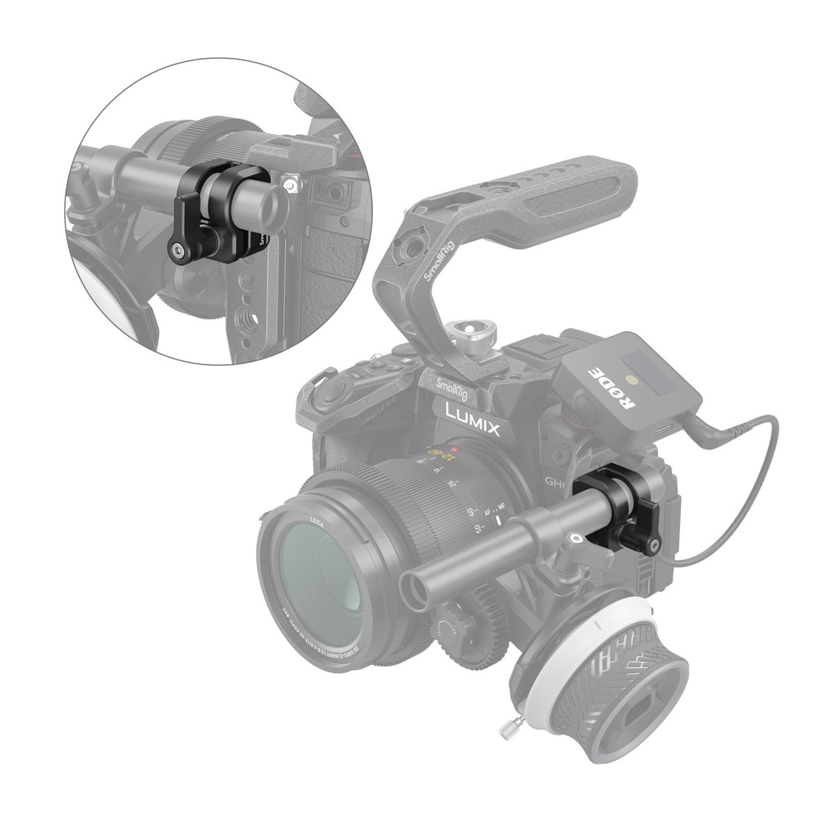 SmallRig 3598 Einzelstabklemme 12 mm / 15 mm - Anwendungsbeispiel & Detailansicht eines SmallRig Rod Clamps an Kameracage und Rod.