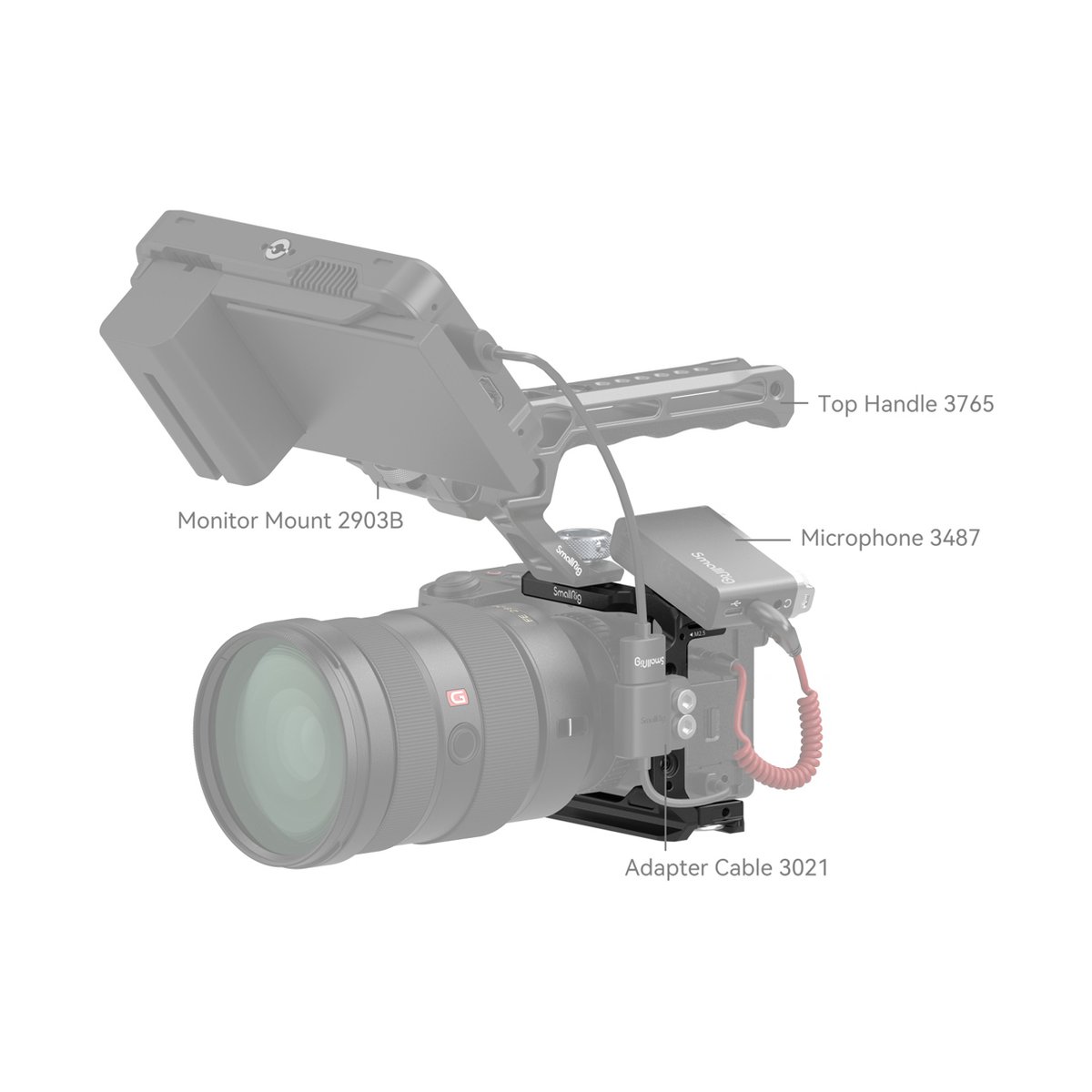 SmallRig 4337 Half Cage für Sony Alpha 6700/6600/6500/6400 - Anwendungsbeispiel eines Kamera-Setups mit Monitorhalterung, Top-Griff, Mikrofon und Adapterkabel, alle Produkte beschriftet.