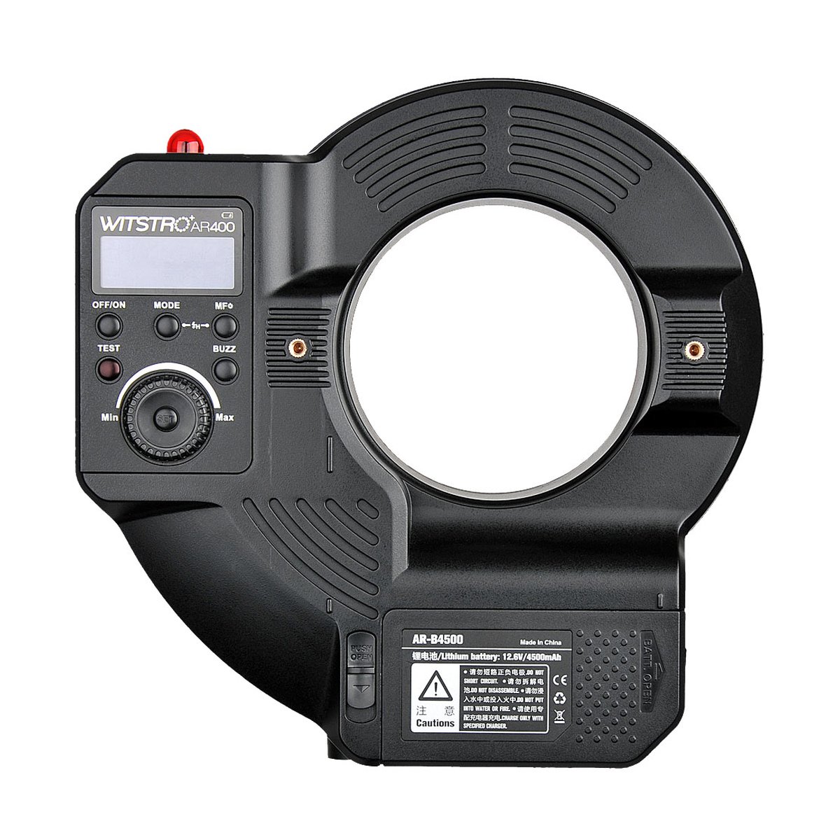 Godox Witstro AR400 (2020 Model) - RÜCKSEITE DES WITSTRO AR400 RINGLICHTS MIT BEDIENFELD, DISPLAY UND AKKUFACH.
