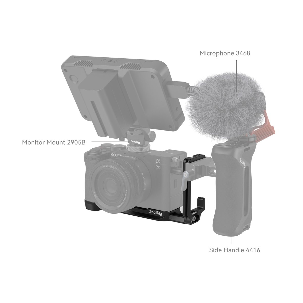 SmallRig 4569 L-Bracket für Sony Alpha 7C II/Alpha 7CR - Anwendungsbeispiel: Kamerarig mit Monitorhalterung, Mikrofon und Seitengriff