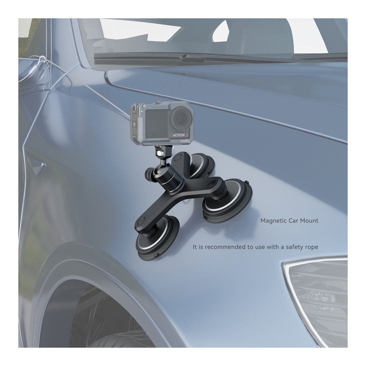 SmallRig 4468 Dreifach Magnetische Saugnapfhalterung für Action-Kameras - Anwendungsbeispiel: Dreifach-Saugnapfhalterung für Action-Kamera auf Fahrzeug-Motorhaube montiert.