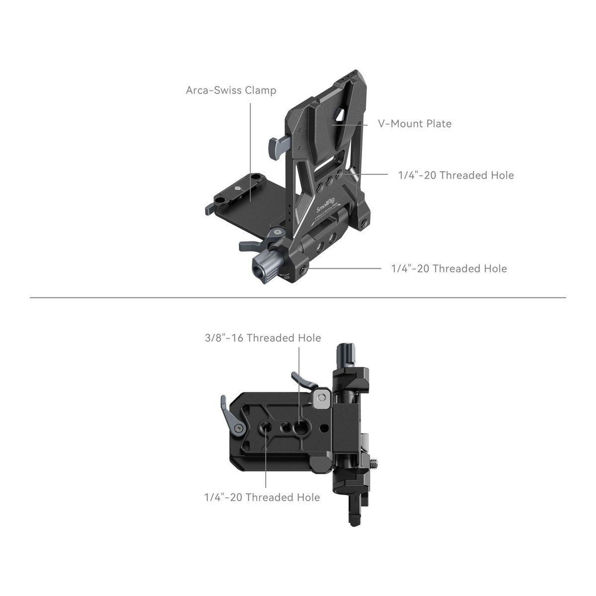 SmallRig 4505 V-Mount Akku-Montageplatte - Produktdetails mit Beschriftungen: V-Mount Platte, Arca-Swiss Klemme, 1/4"-20 & 3/8"-16 Gewindebohrungen.