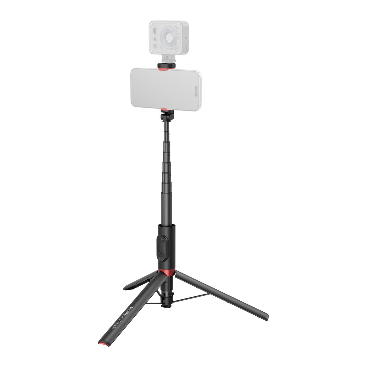 SmallRig 5292 x Drex Lee Boom Selfie Stick ST30 Lite, schwarz - Produkt ausgefahren als Stativ mit Smartphone und Zubehör