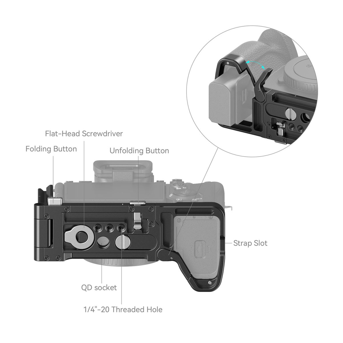 SmallRig 3984 faltbares L-Bracket für Sony A7R V / A7 IV / A7S III - Funktionsübersicht der Kamera-Bodenplatte mit beschrifteten Details wie faltbarer Schraubendreher, QD-Buchse und Gurt-Slot.