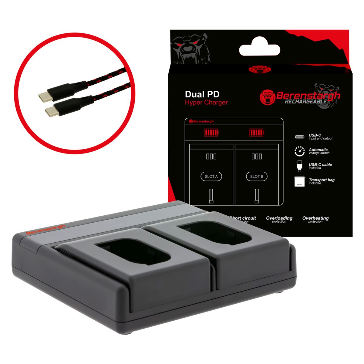 Berenstargh Dual PD Hyper Ladegerät f. Panasonic DMW-BLK2 USB-C in/out Powerbankfunktion