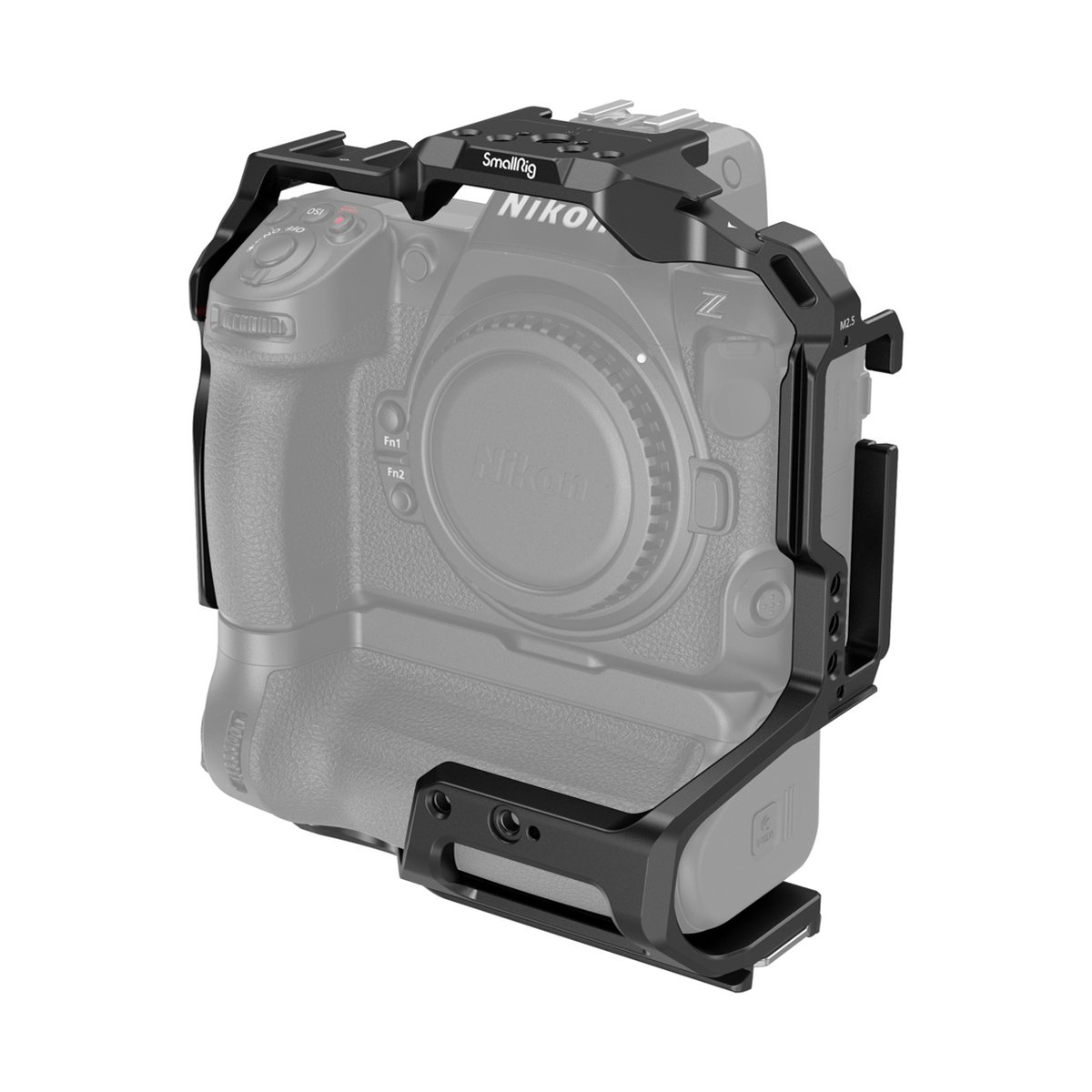 SmallRig 3982 Cage für Nikon Z 8 mit MB-N12 Batteriegriff - Schräge Frontansicht des schwarzen SmallRig Kamera-Cages, montiert an einer grauen Nikon Z-Kamera.