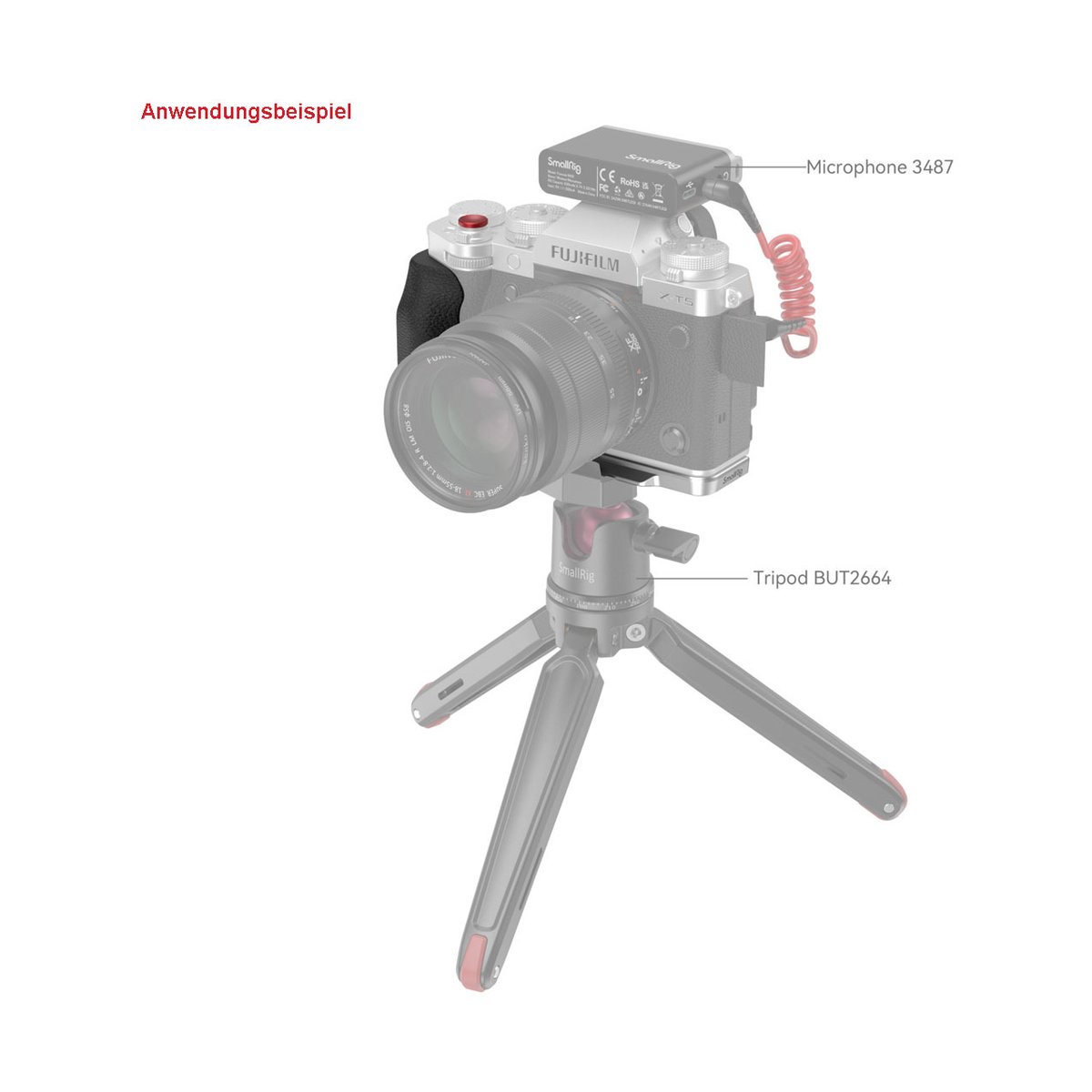 SmallRig 4136 L-Shape Griff für Fujifilm X-T5 - Anwendungsbeispiel der Kamera-Montage mit Mikrofon und Stativ