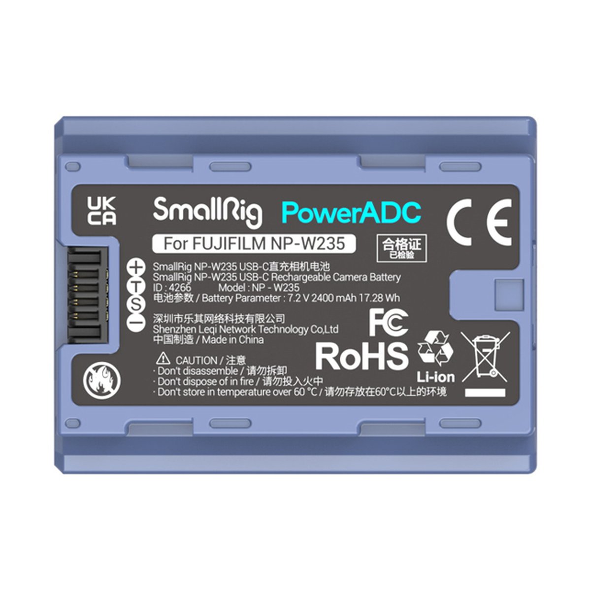 SmallRig 4266 NP-W235 USB-C (FUJIFILM) aufladbare Kamerabatterie - Vorderansicht der SmallRig PowerADC NP-W235 Kamera-Batterie mit Produktbezeichnung und Spezifikationen.