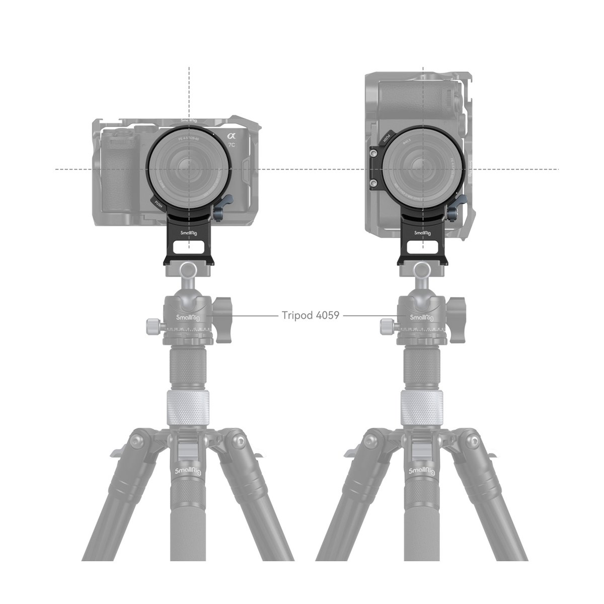 SmallRig 4424 Drehbare Horizontal- Vertikal-Montageplatte für Sony - Anwendungsbeispiel: Kamera mit Objektivstütze auf Stativ, Wechsel zwischen Quer- und Hochformat