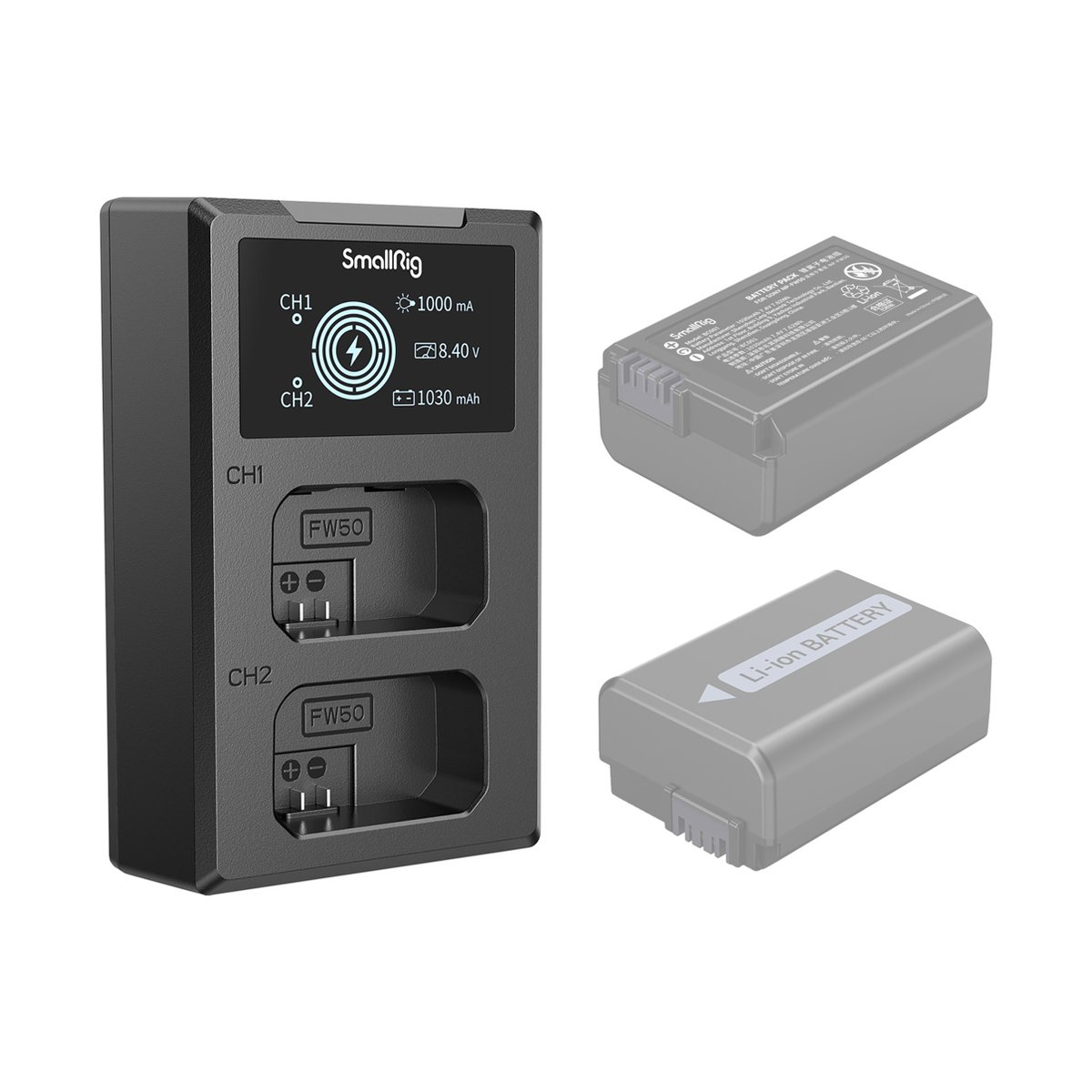 SmallRig 4081 NP-FW50 Akku Ladegerät - Lieferumfang: SmallRig Dual-Ladegerät für FW50 Akkus und zwei passende Batterien. SmallRig 4081 NP-FW50 Akku Ladegerät - Lieferumfang: SmallRig Dual-Ladegerät für FW50 Akkus und zwei passende Batterien.