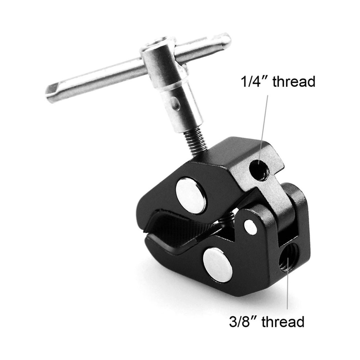 SmallRig 735 Super Clamp mit 1/4" und 3/8" Gewinde - Detailansicht der Klemme, zeigt 1/4 Zoll und 3/8 Zoll Gewindeanschlüsse.