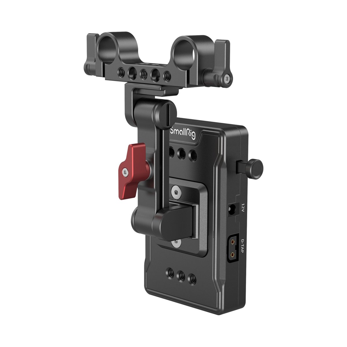 SmallRig 3499 V-Mount-Akkuadapterplatte (Basic Version) mit Verlängerungsarm - Schrägansicht SmallRig V-Mount Akkuplatte mit Rod-Klemme und Stromanschlüssen.
