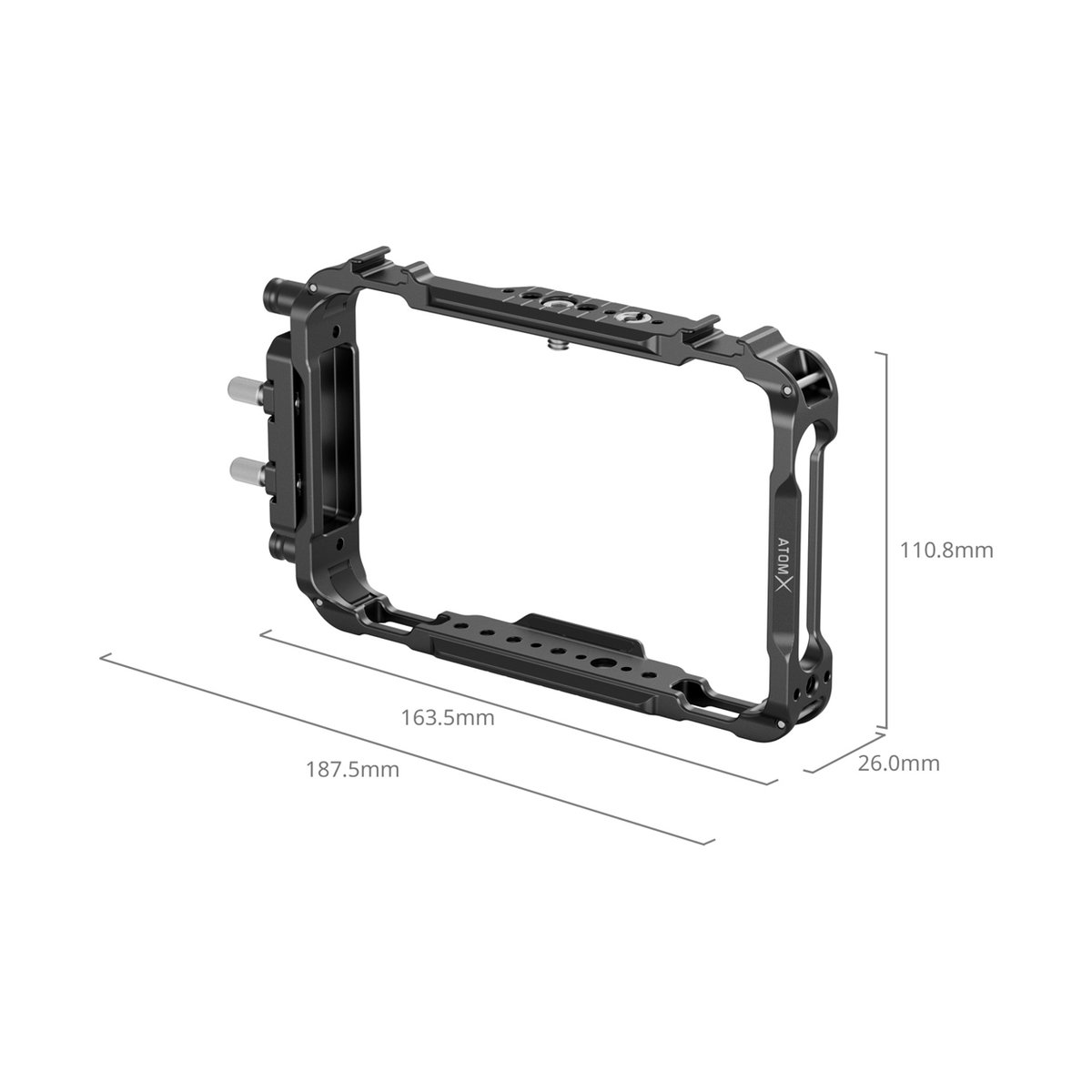 SmallRig CMA2209B Cage für Atomos Ninja Serie - Maße: Perspektivansicht des schwarzen ATOM X Frames mit Längen-, Breiten- und Höhenmaßen in mm.
