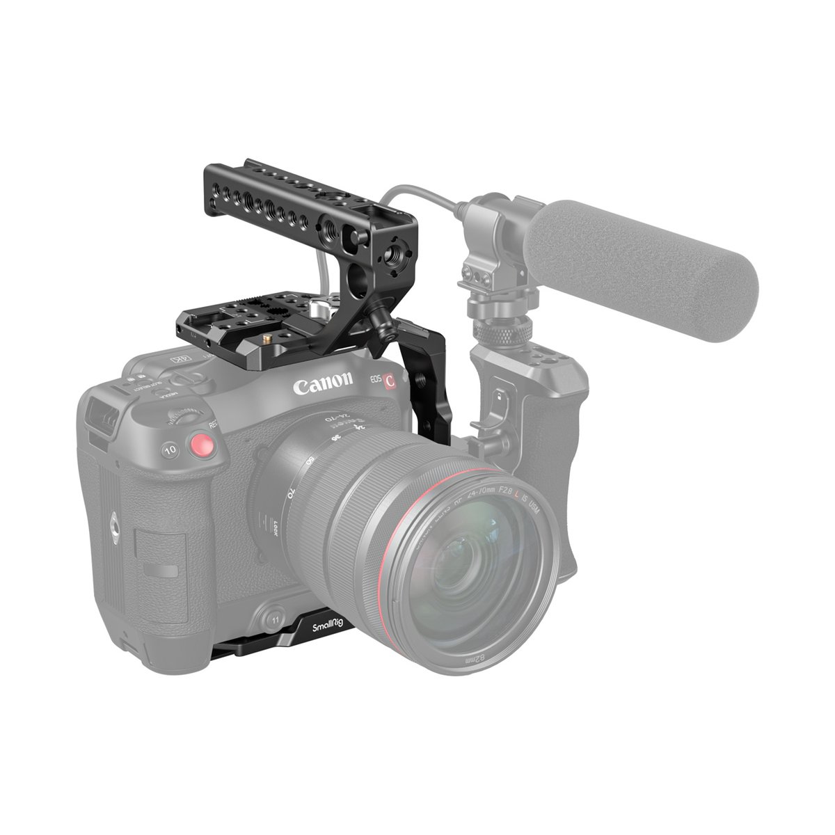 SmallRig 3899 Handheld-Cage Kit f. Canon EOS C70 - Produktanwendung: Kamera mit SmallRig Cage, Top-Griff und Mikrofon. SmallRig 3899 Handheld-Cage Kit f. Canon EOS C70 - Produktanwendung: Kamera mit SmallRig Cage, Top-Griff und Mikrofon.