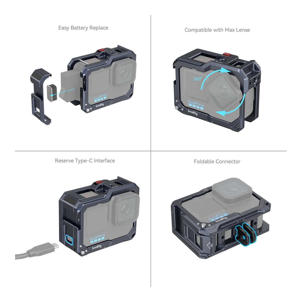 SmallRig 3084C Cage für GoPro Hero 13 / 12 / 11 / 10 / 9 Black - Anwendungsbeispiel der Kamera-Käfig-Funktionen: einfacher Batteriewechsel, Max-Objektiv-Kompatibilität, USB-C-Zugang, klappbarer Anschluss